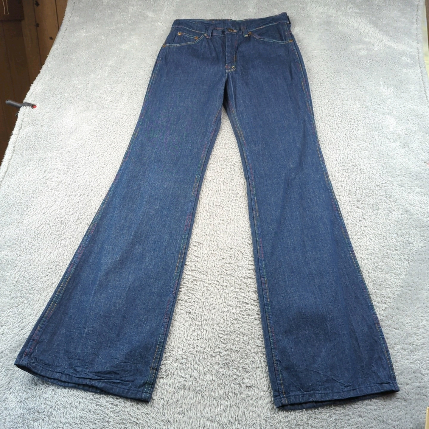 Vintage 1970s Farah Jeans Womens 31 XL Blue Flare Bell Bottoms Rainbow Stitch