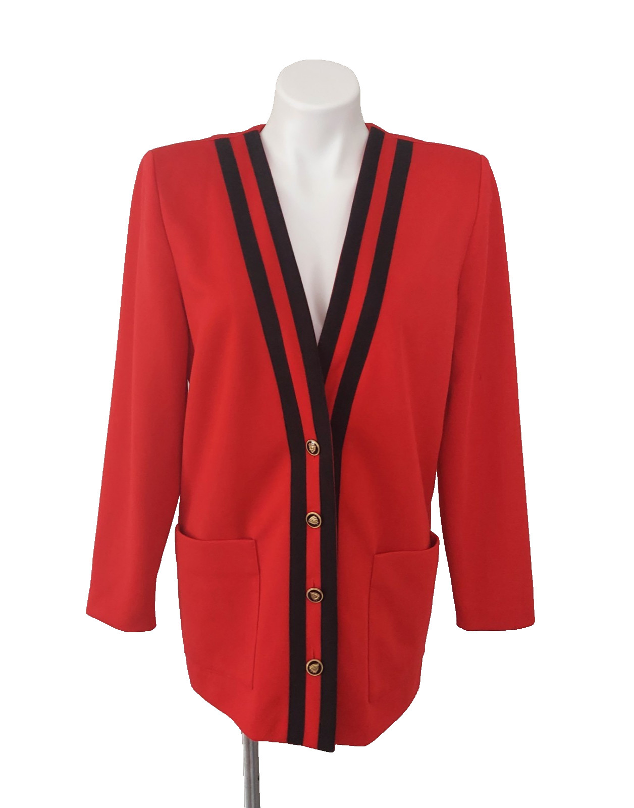 Vintage 80s Leslie Fay Power Suit Blazer Red Black Trim Gold Buttons Women’s 8