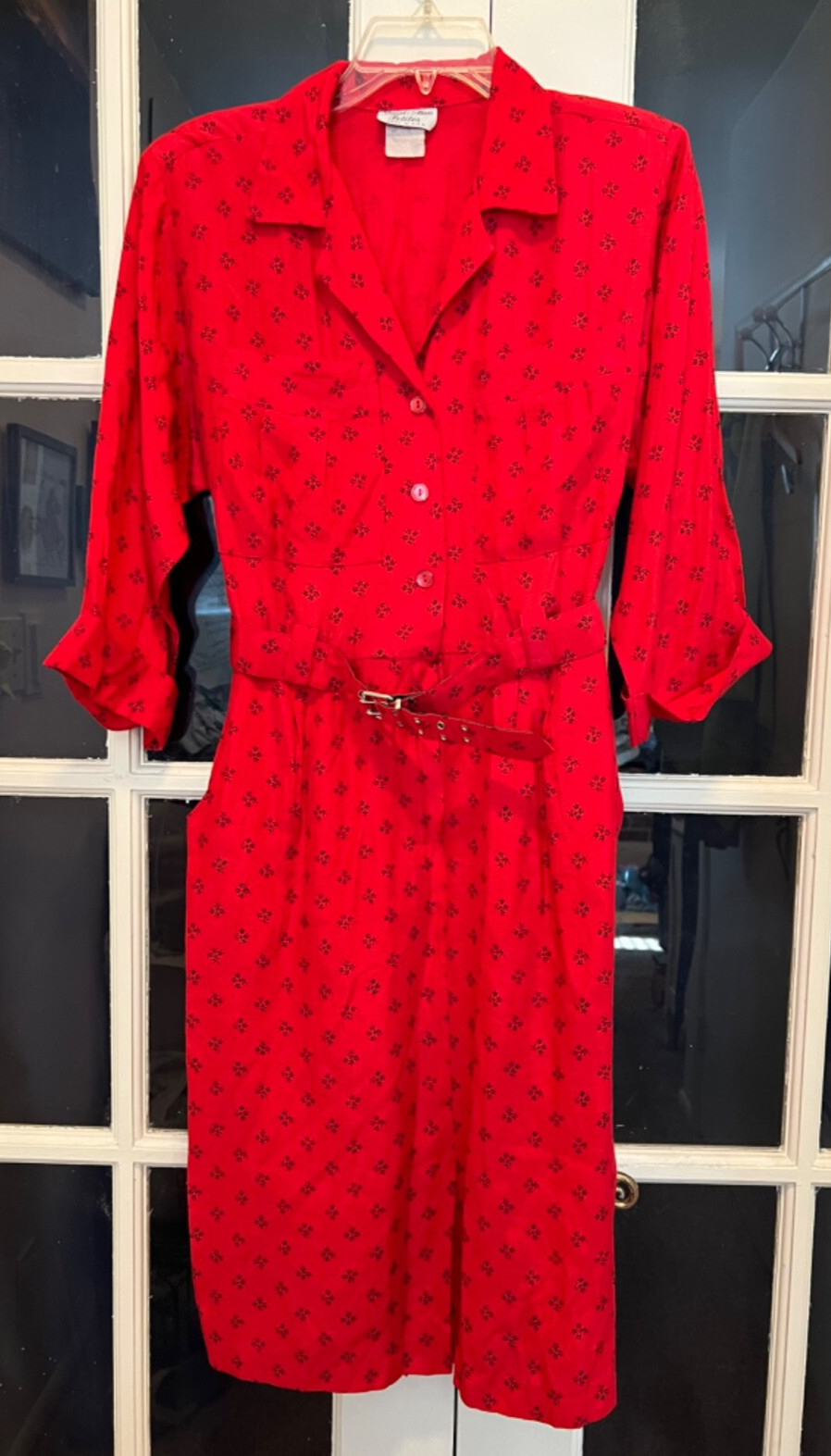 Vtg Stuart Alan Petites Red Romper Dress black flowers belt button pockets xmas