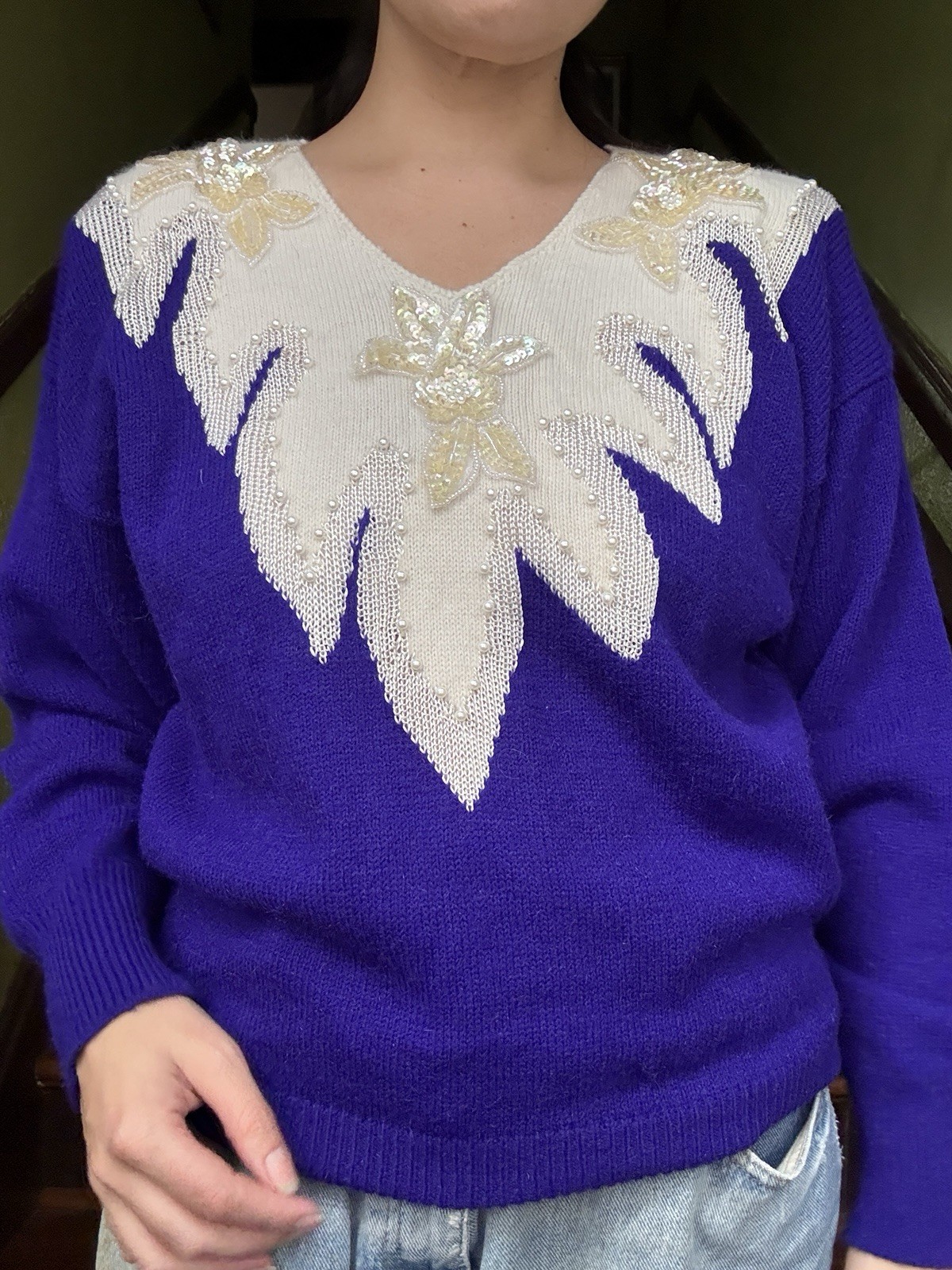 Vintage 80s Purple Beaded Maurada Sweater Size L EXCELLENT CONDITION