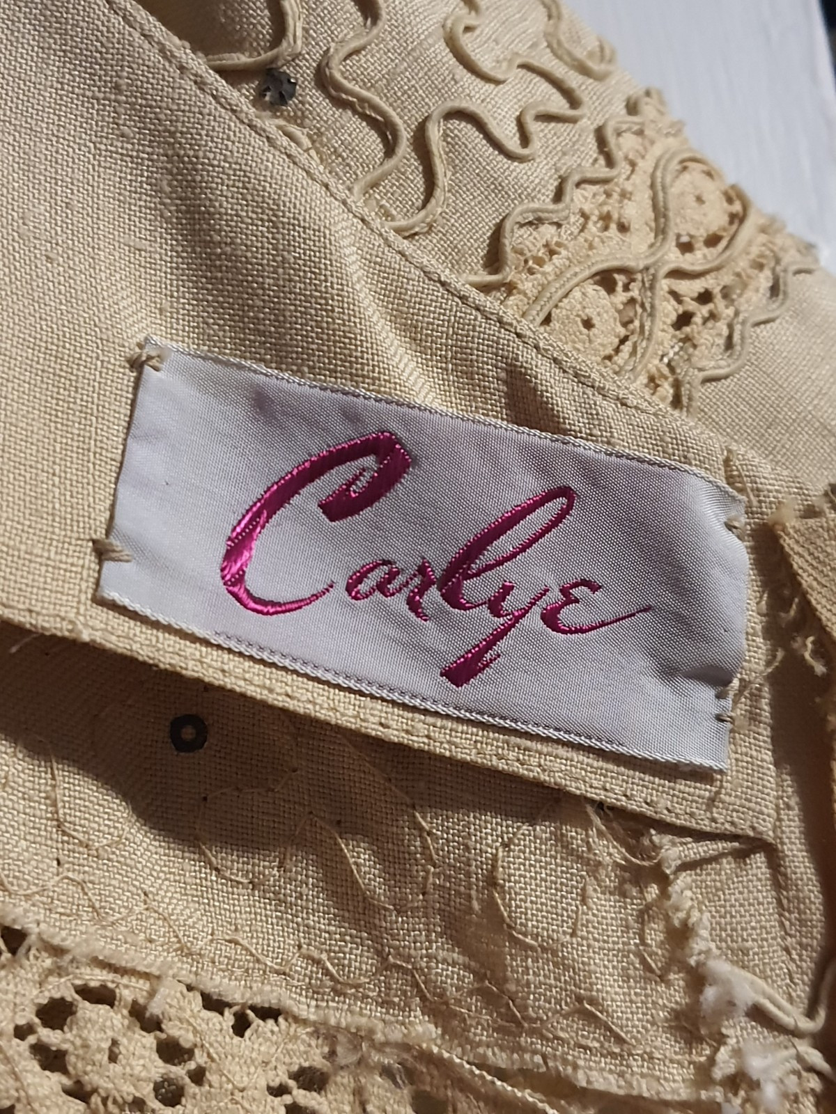 Vintage 50s Carlye Butter Cream Linen Embroidered Collar Midi Party Dress A Line