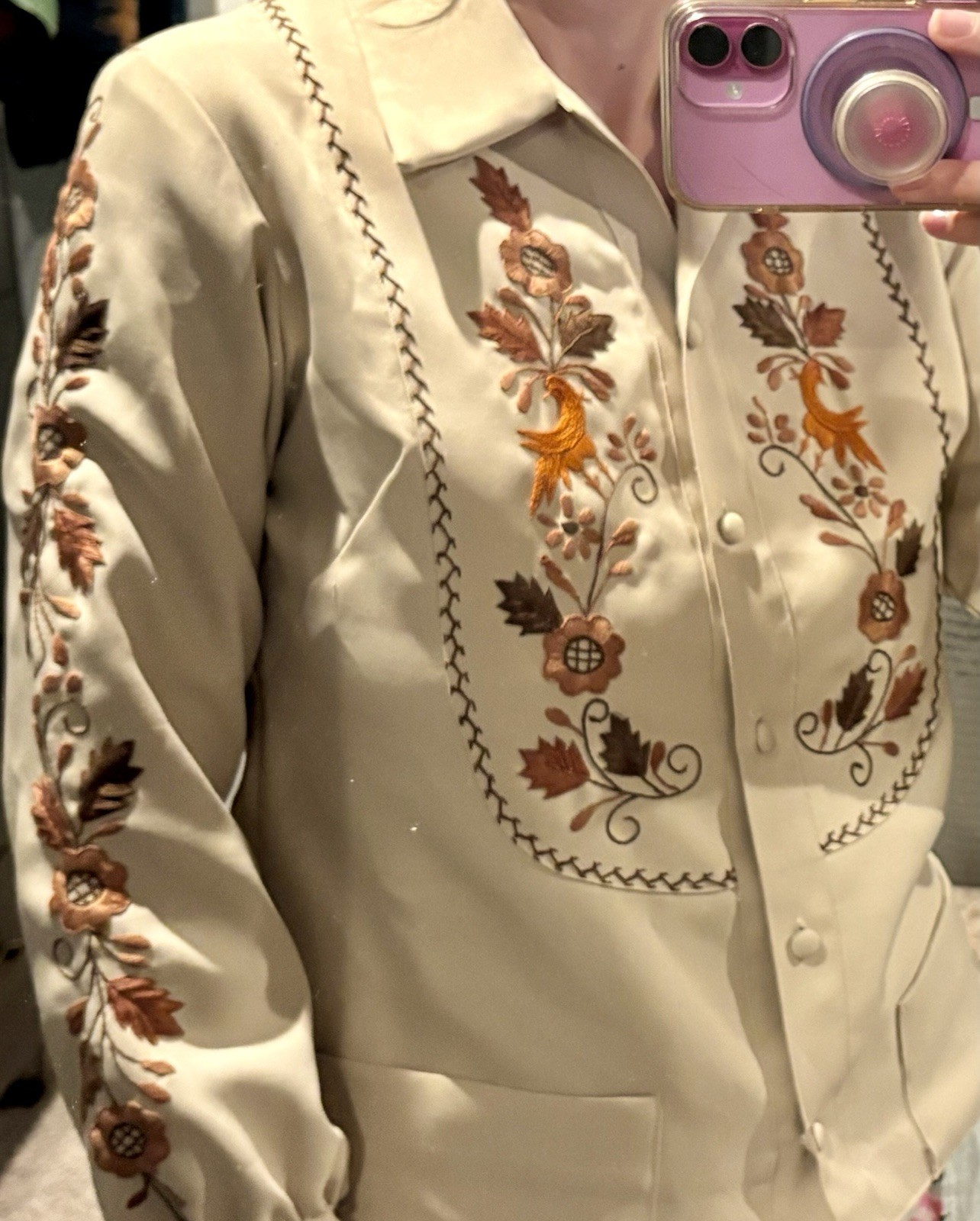 Vintage 60s 70s Embroidered Peasant Folk Shirt Top Bohemian Handmade Tan Button