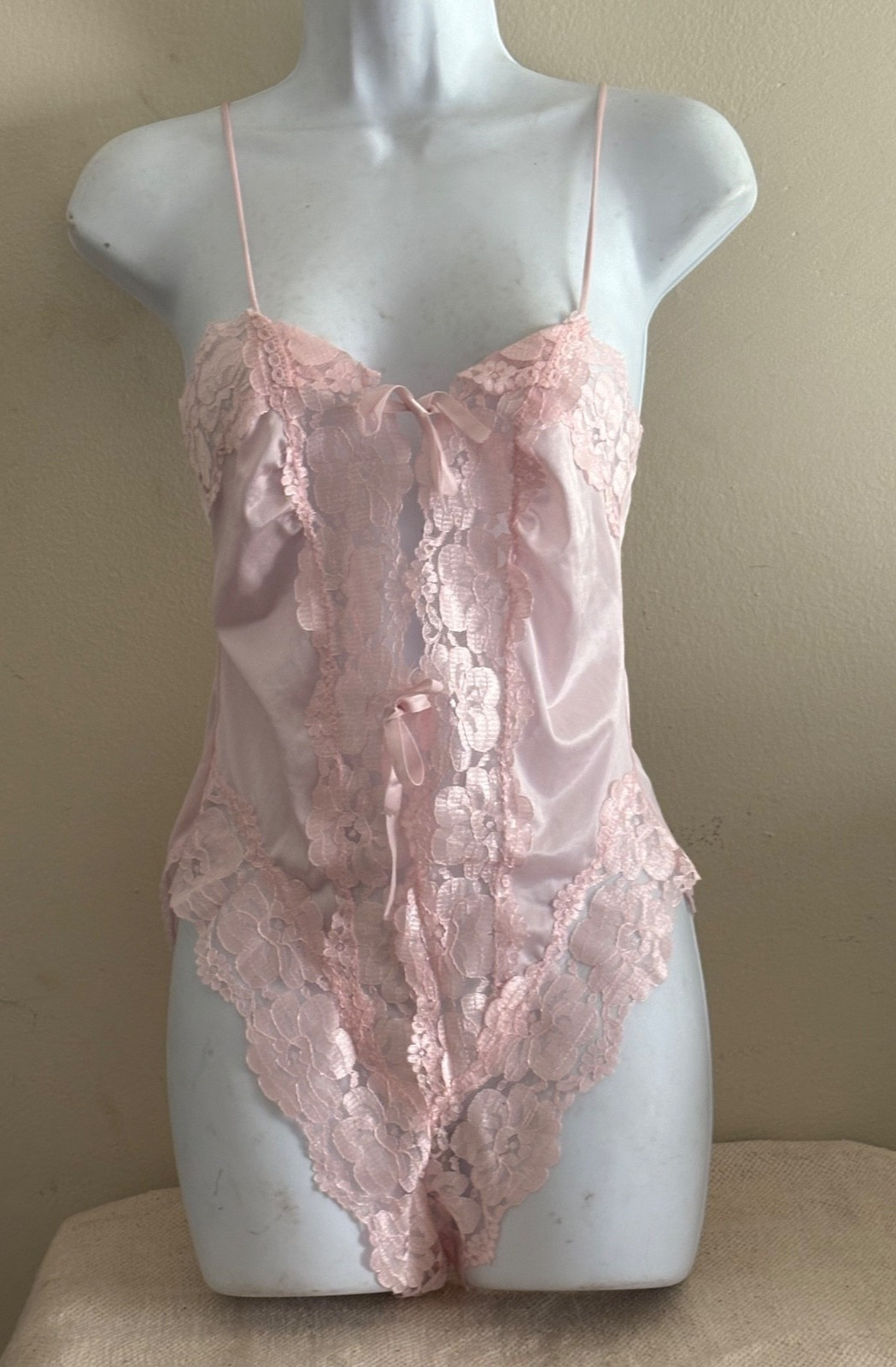 NEW Vintage Alana Gale 2 Pc Pink Sheer Nylon Lace Teddy Lingerie Set-Size Large