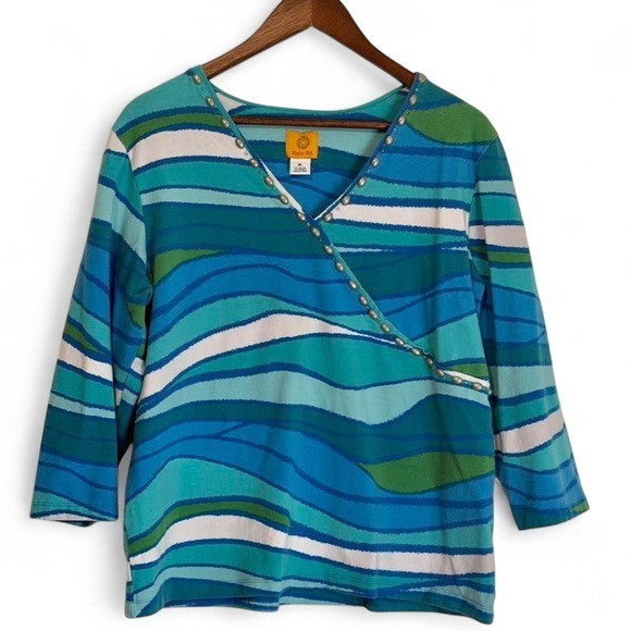 Ruby Rd Top XL Blue Excellent Studded V-Neck Abstract Wave Knit
