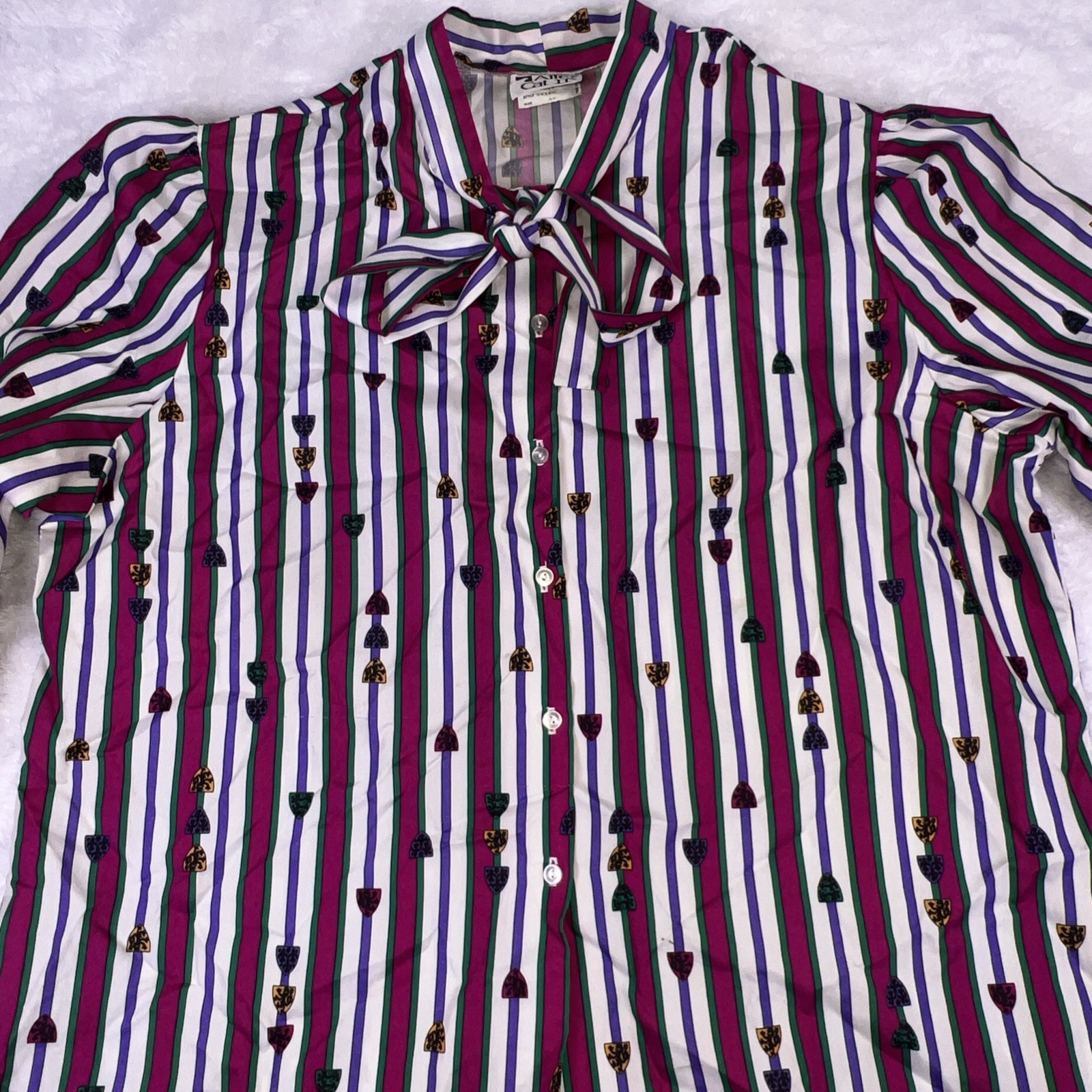 Vintage 70s/80s Alley Cat II Multicolor Blouse Shirt Necktie Size 44 USA Made