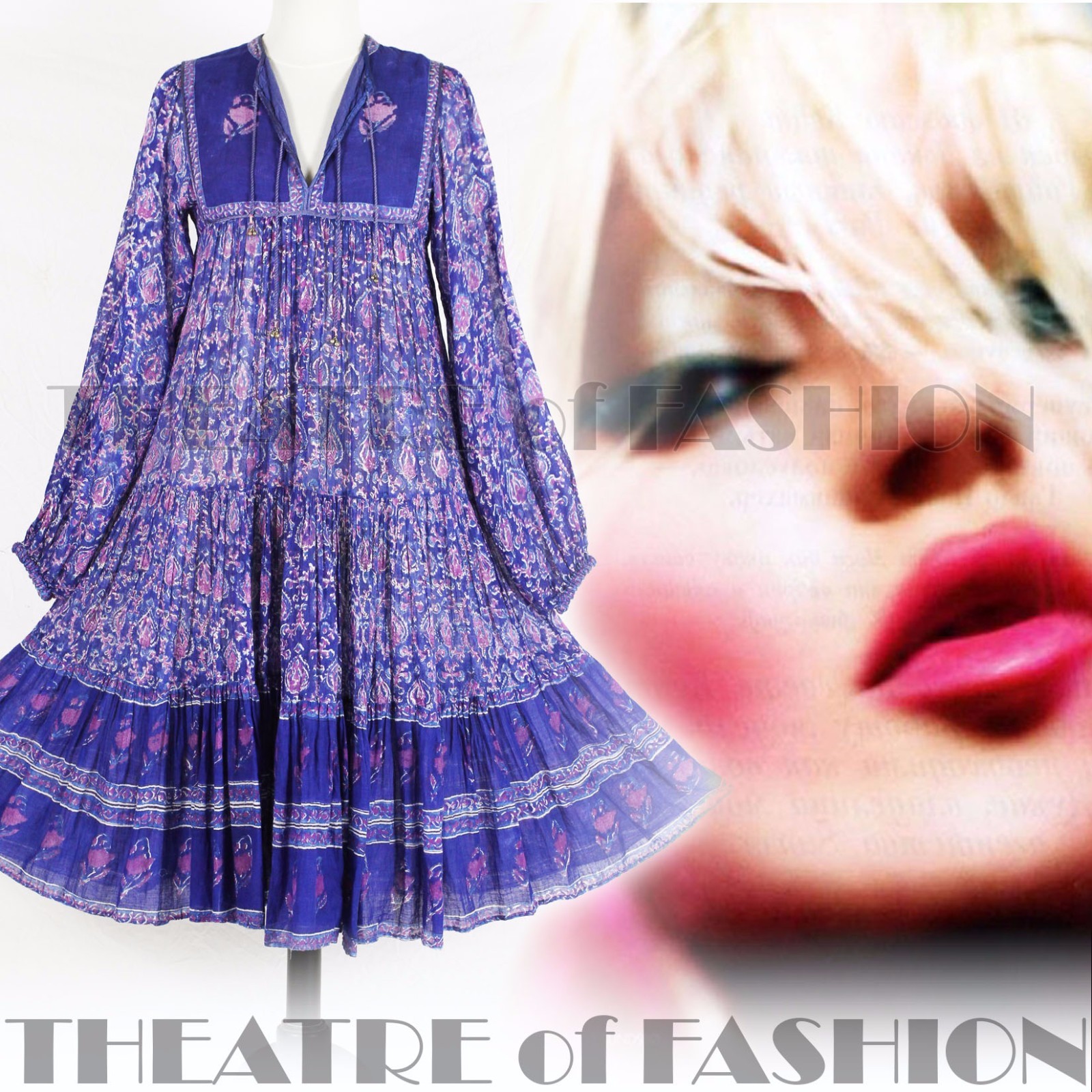 INDIAN DRESS PHOOL 70s VINTAGE HIPPY BOHO GAUZE WEDDING 8 10 12 14 60s GODDESS