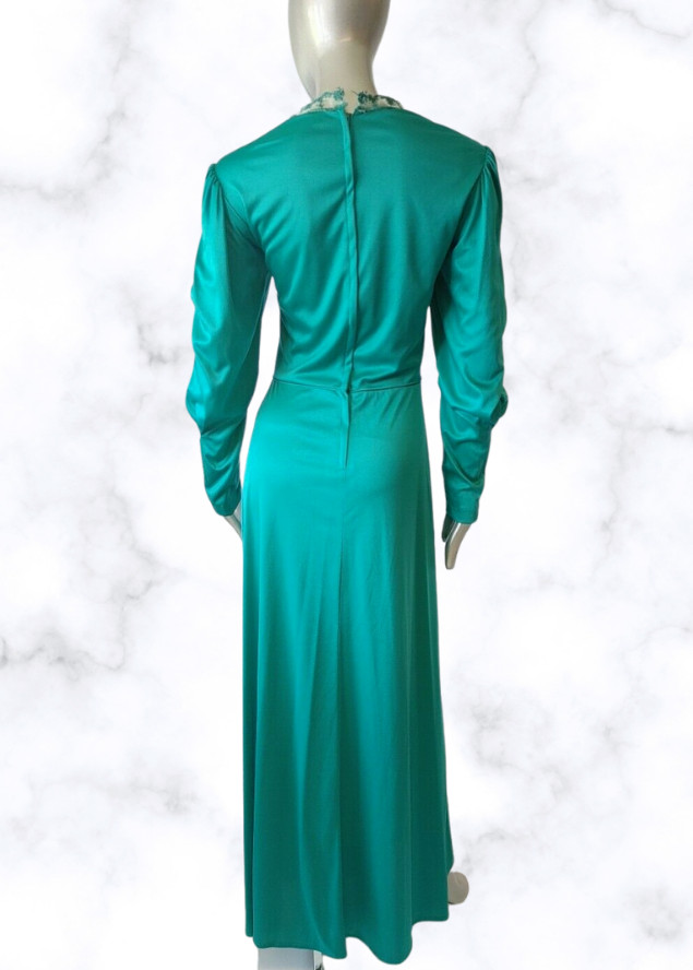 Vintage Unknown Brand Semi Sheer Long Sleeve Maxi Formal Prom Dress Green Sz Med