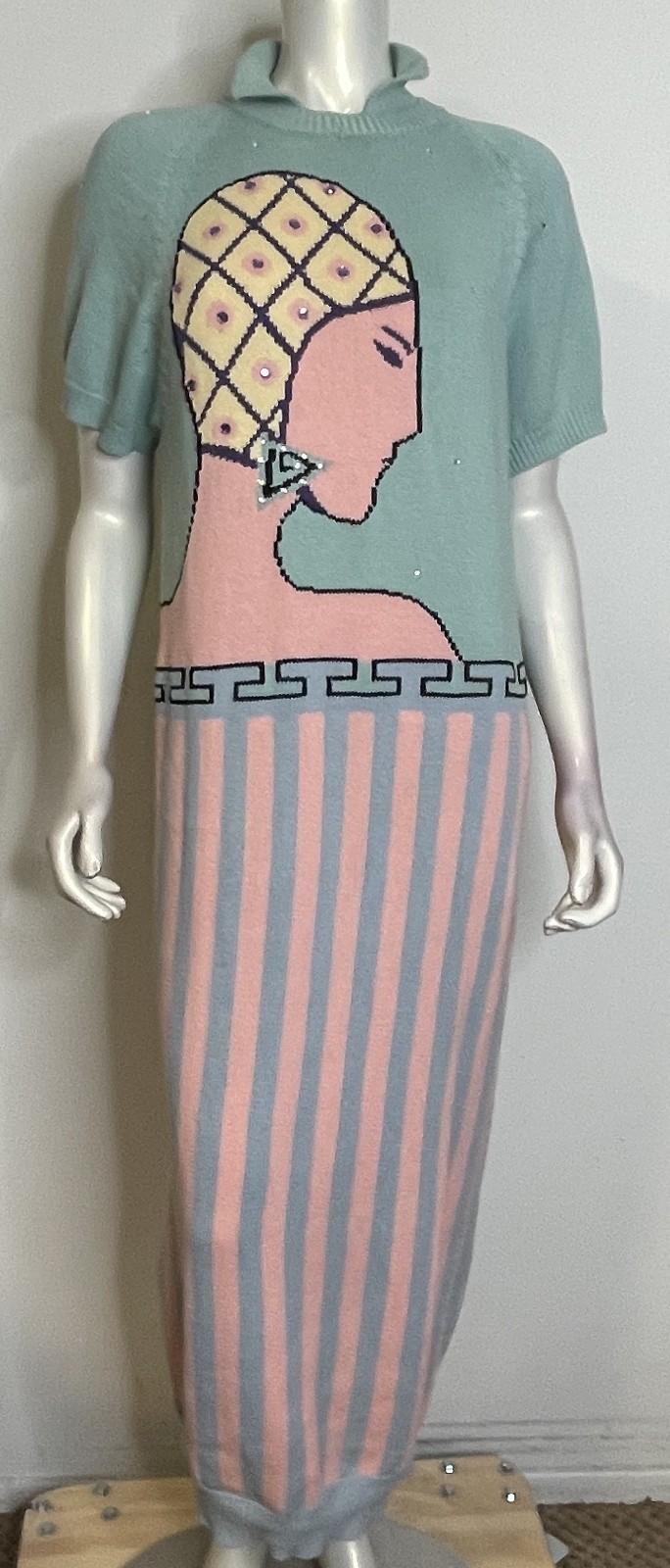 VTG 60s 70s Dress Womens M L Knit Art Deco Column Maxi Sweater Rhinestones SS