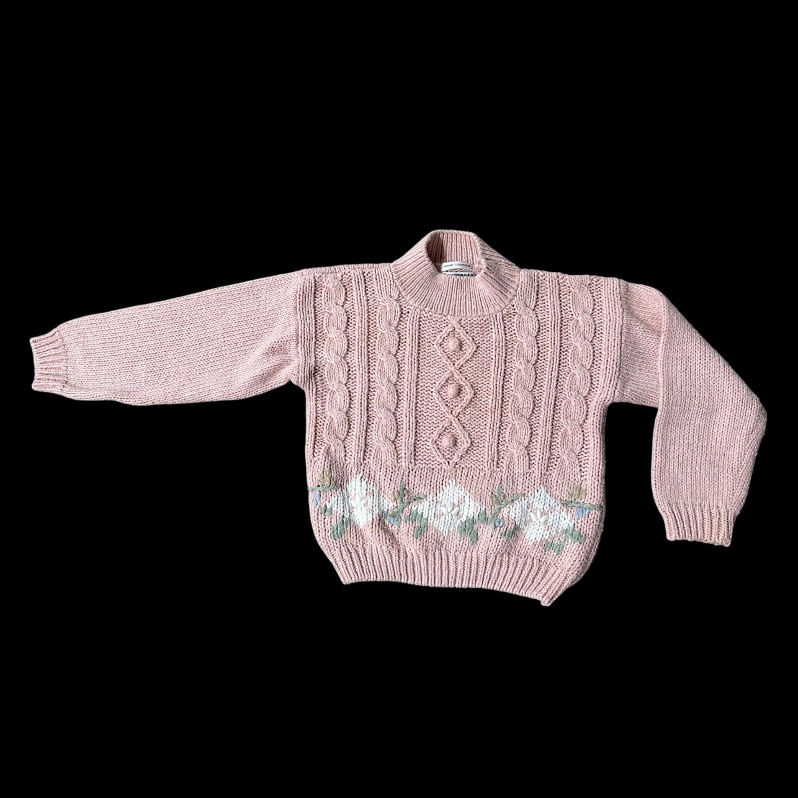 Vintage Pink Cable Knit Sweater Small Currants Hand Loomed Cottage 1980s Korea