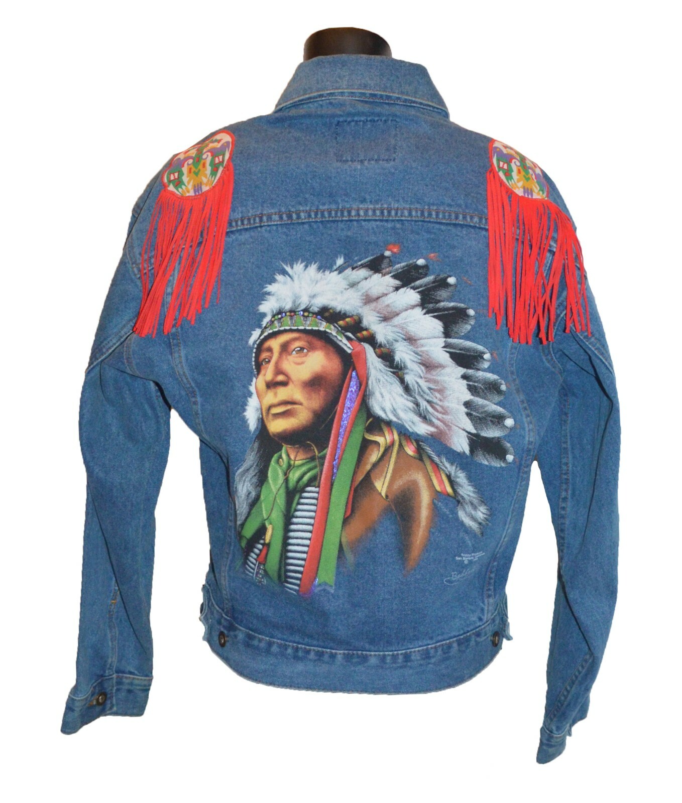 Trinity Products Vintage 1990 Native American Chief Fringe Denim Jacket size M