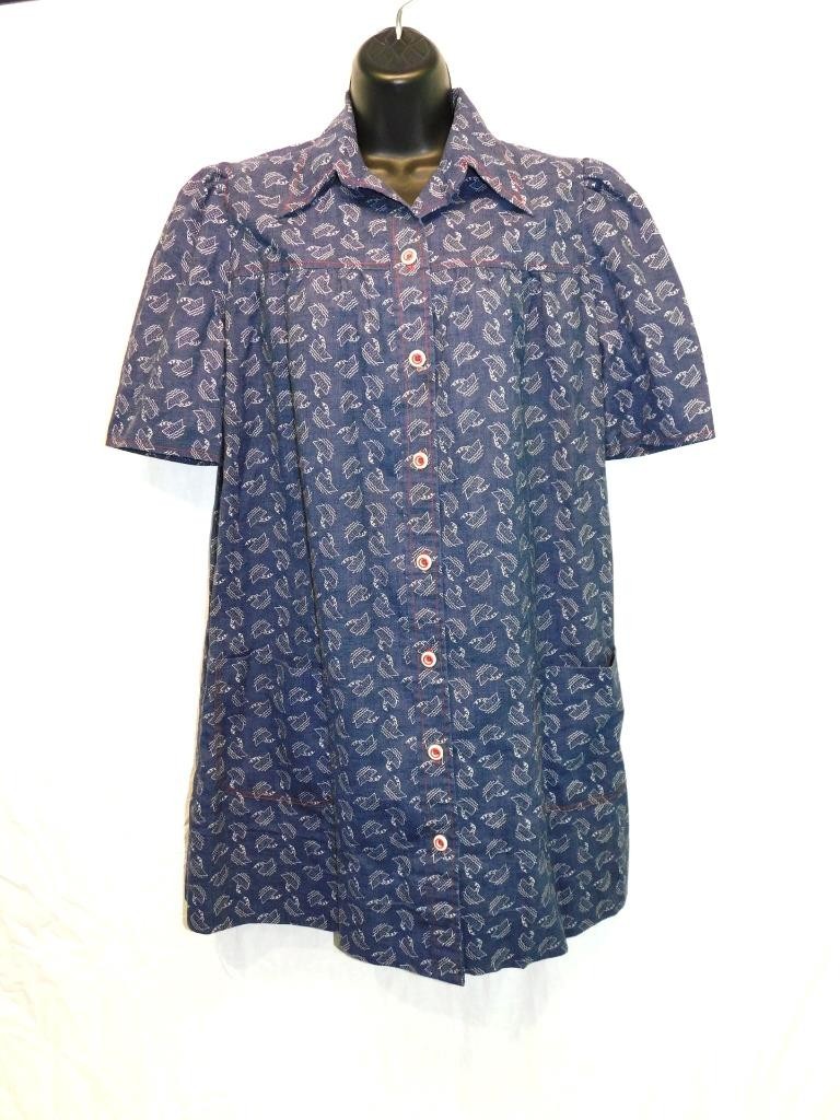 Vintage 70s XL Blue White Boat Print Tunic A Line Mini Shirt Dress Short Sleeve