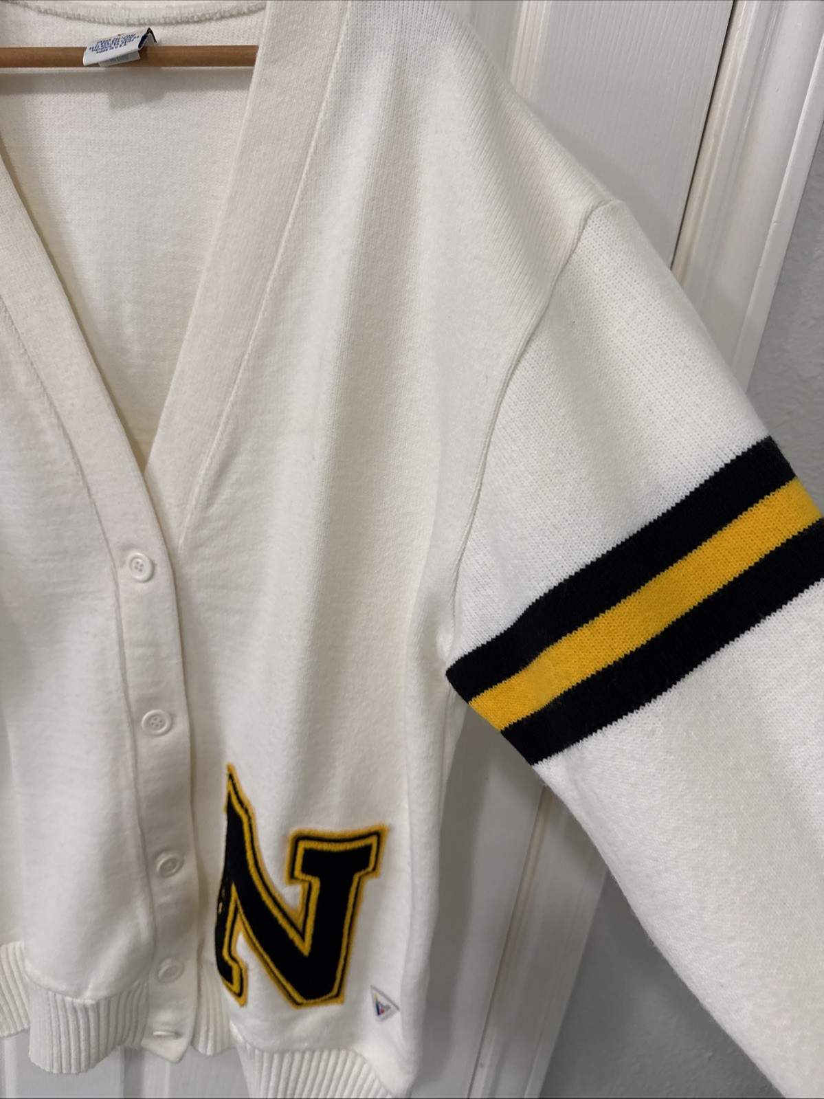 Vintage Varsity Letterman Sweater Black Yellow White Off Stripes Sleeve Large US