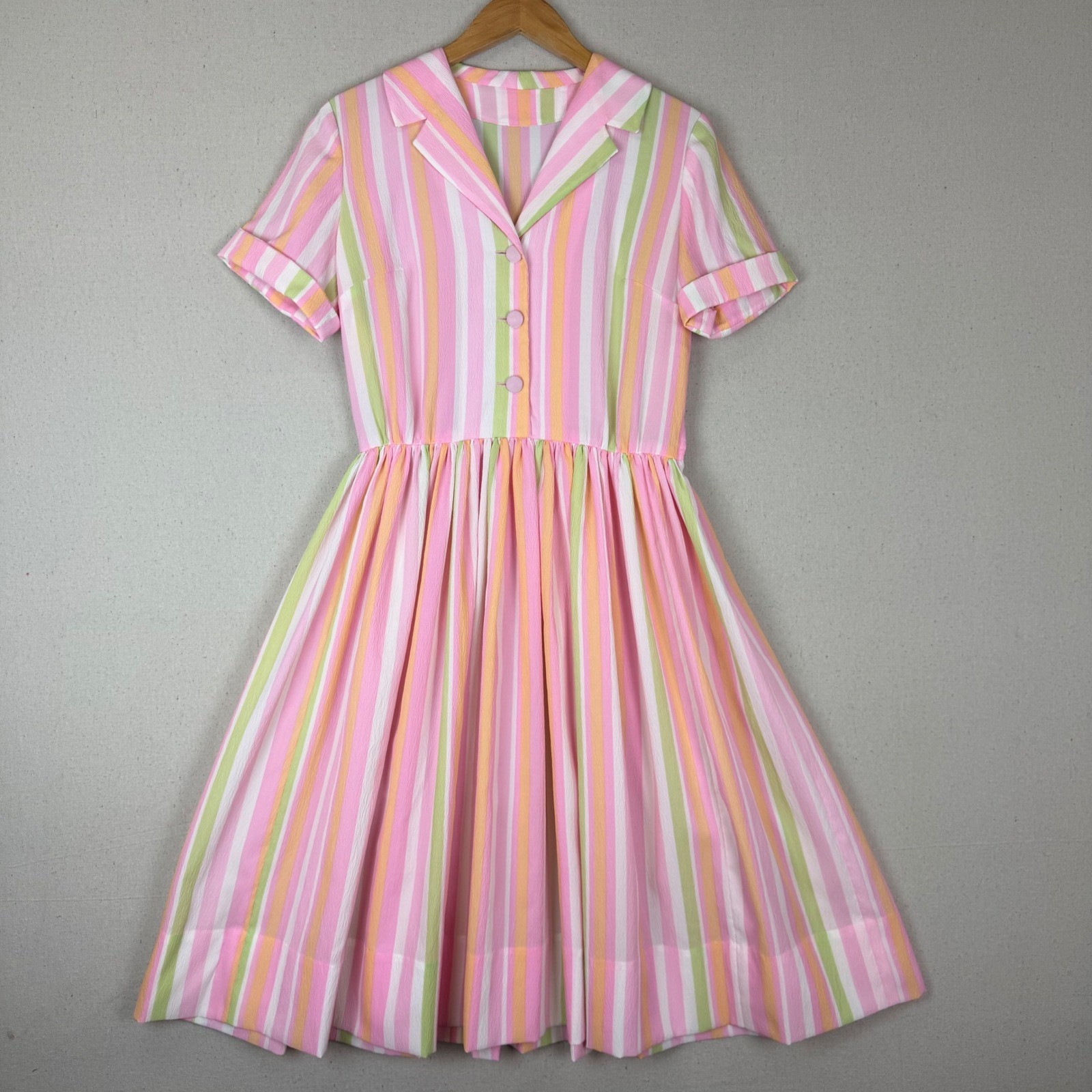 Vintage Pink Green Striped Fit & Flare Dress with Belt Short Sleeve Retro VTG