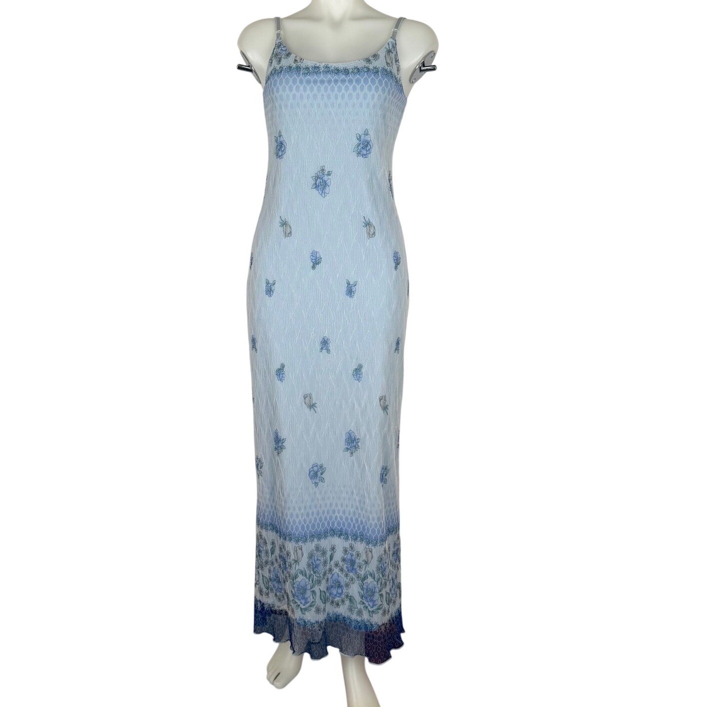 VTG Mesh Slip Dress Maxi 90s Y2K Blue Floral Juniors SZ Large (FLAWS