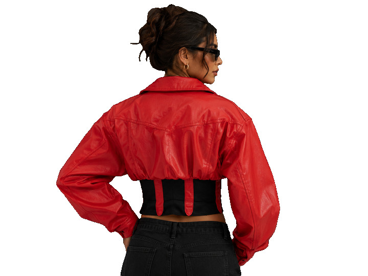 RARE 1990s Outerwear by Phoenix Red Leather Cropped Corset Waist Moto Bomber S