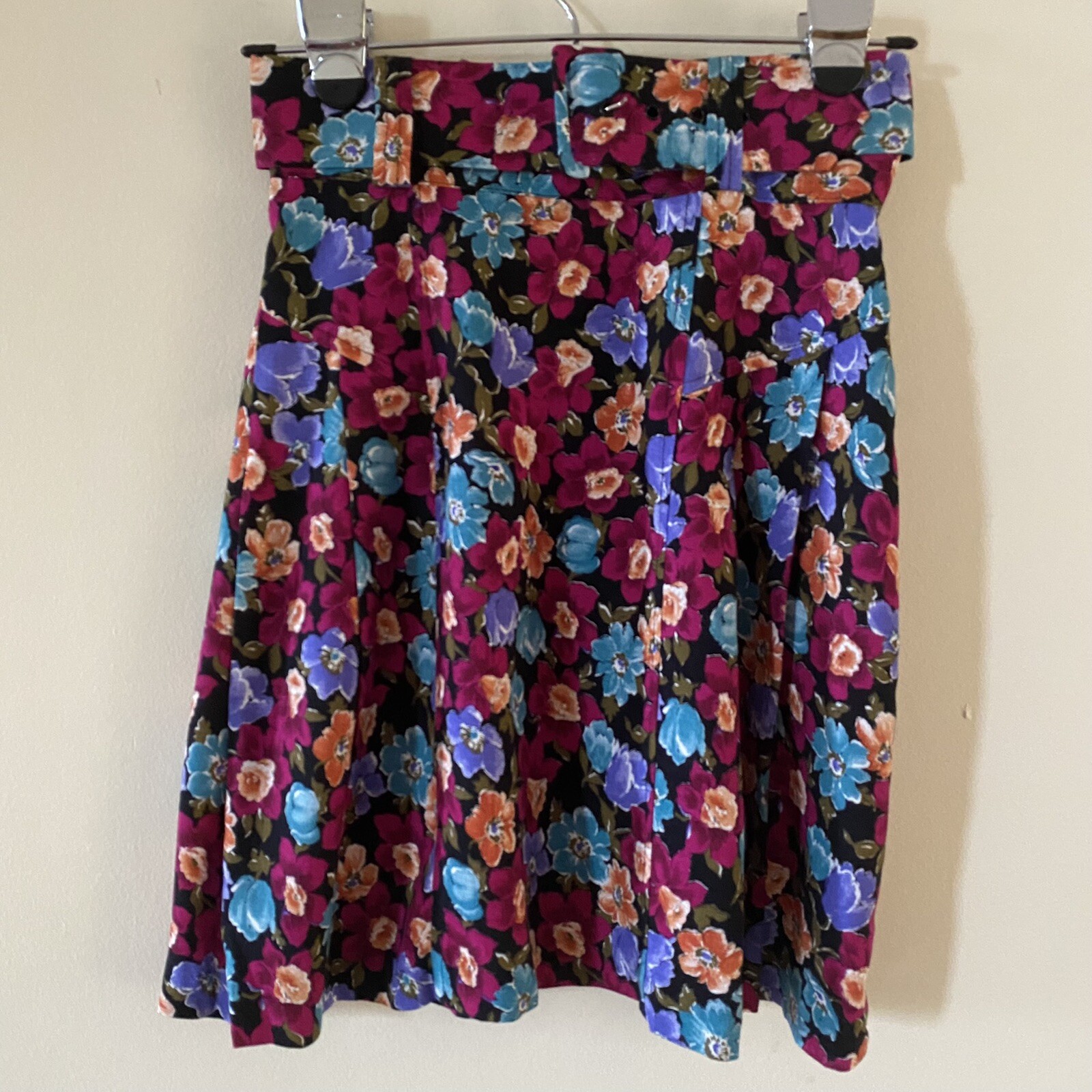 Vintage Floral My Michelle Women Skirt Size 3 Purple Blue Yellow Pleated w/ Belt