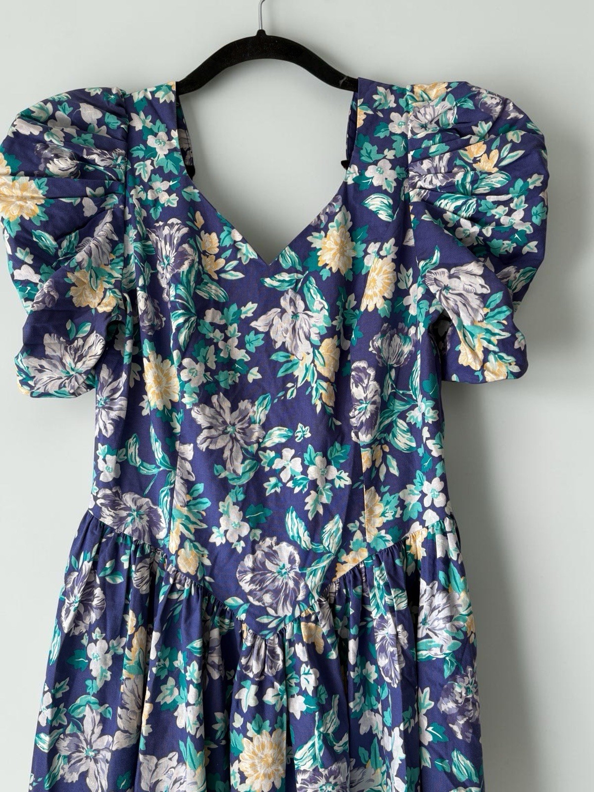 Laura Ashley Vintage Blue Floral Puff Sleeve Midi Dress UK 14 US 12 Cottagecore