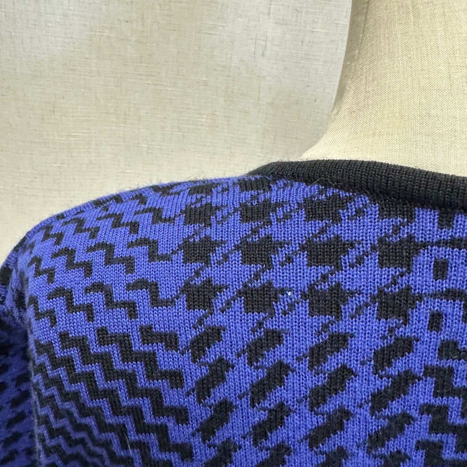 Ciao Ltd Vintage Cardigan Womens Large Blue Black Houndstooth Wool Blend Knit