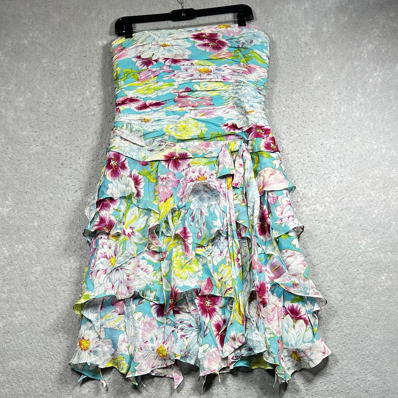 Vintage 80s Lillie Rubin Dress 8 Blue Floral Strapless Silk Layered Y2K