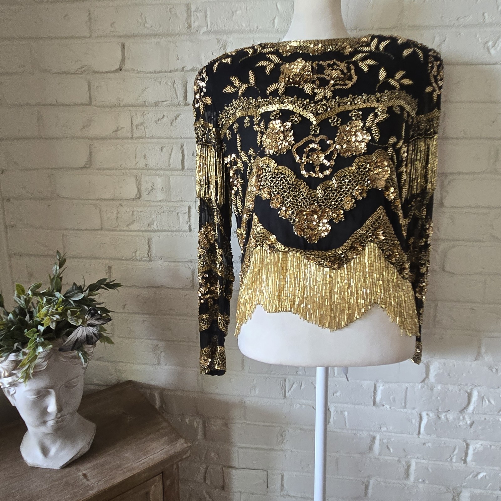 Vtg 80s 100%Silk Gold Embellished Top By Black Tie, S, Party, Formal