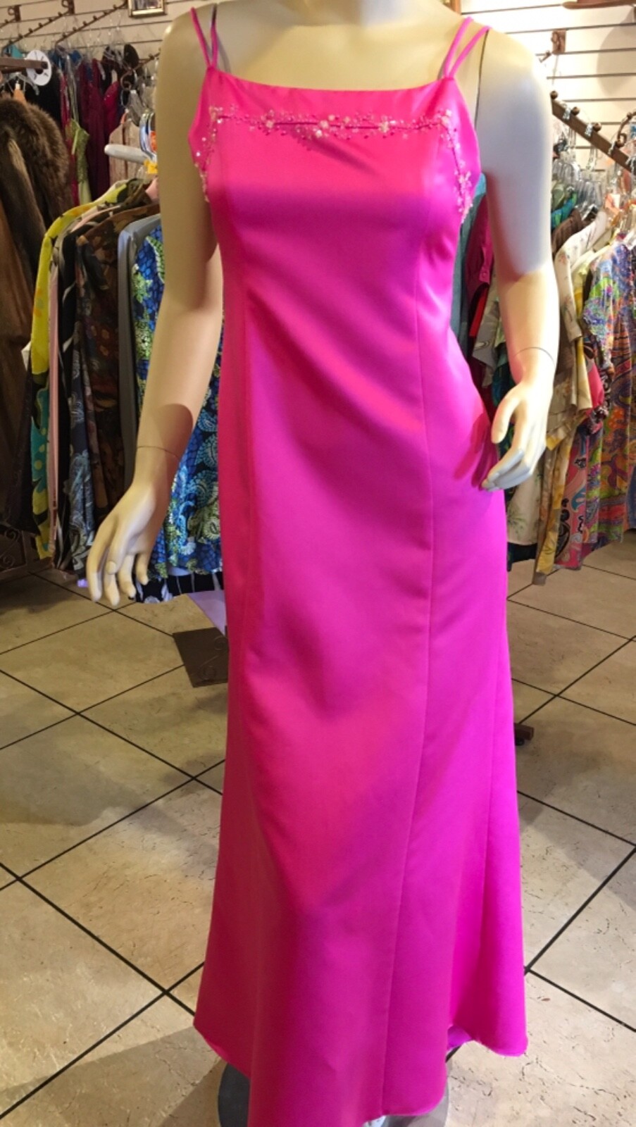 Long, embellished, pink satin gown XS, chest 29″, (#7179)