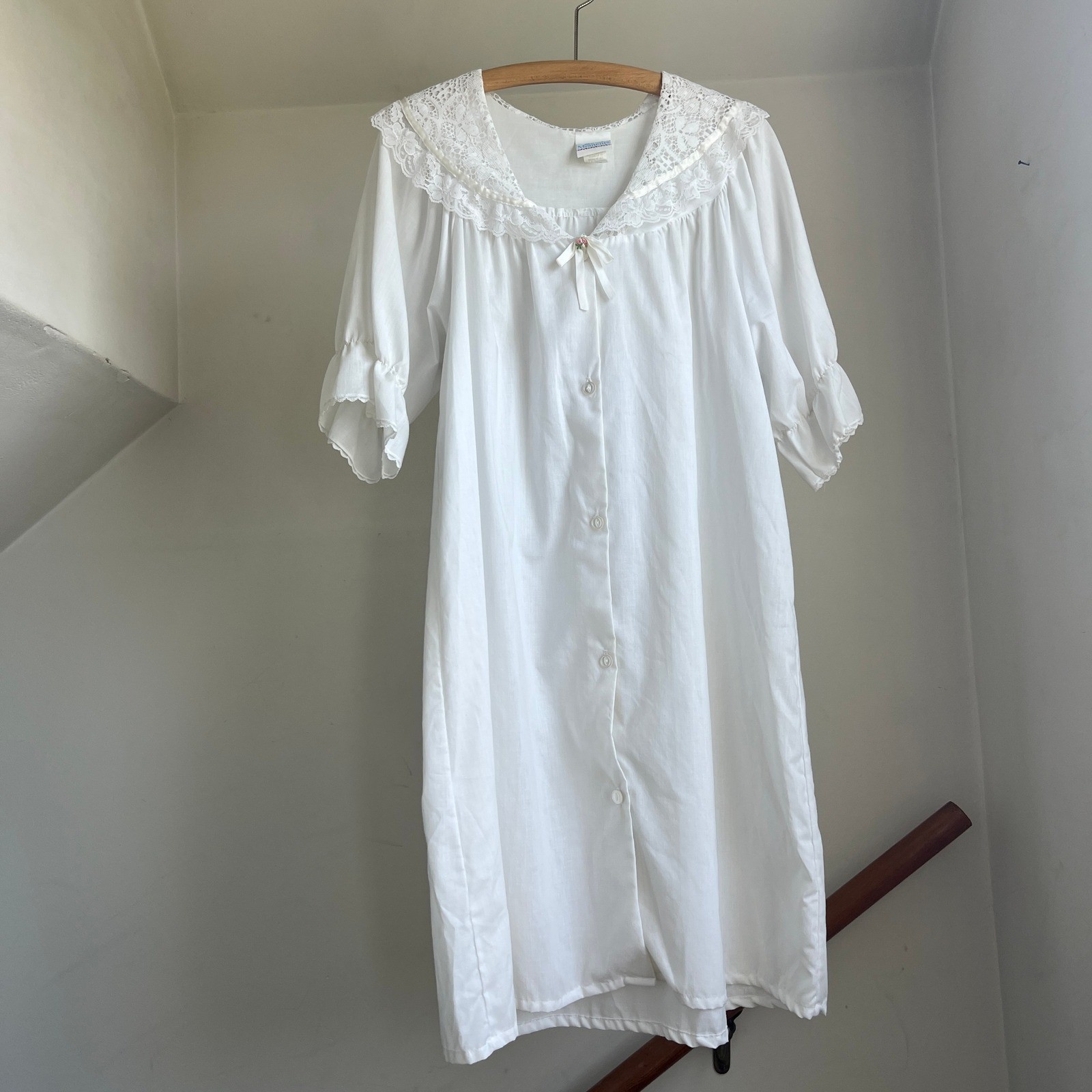 Vintage Cotton Blend Nightgown Medium White Lace Button Front Cottagecore Dress