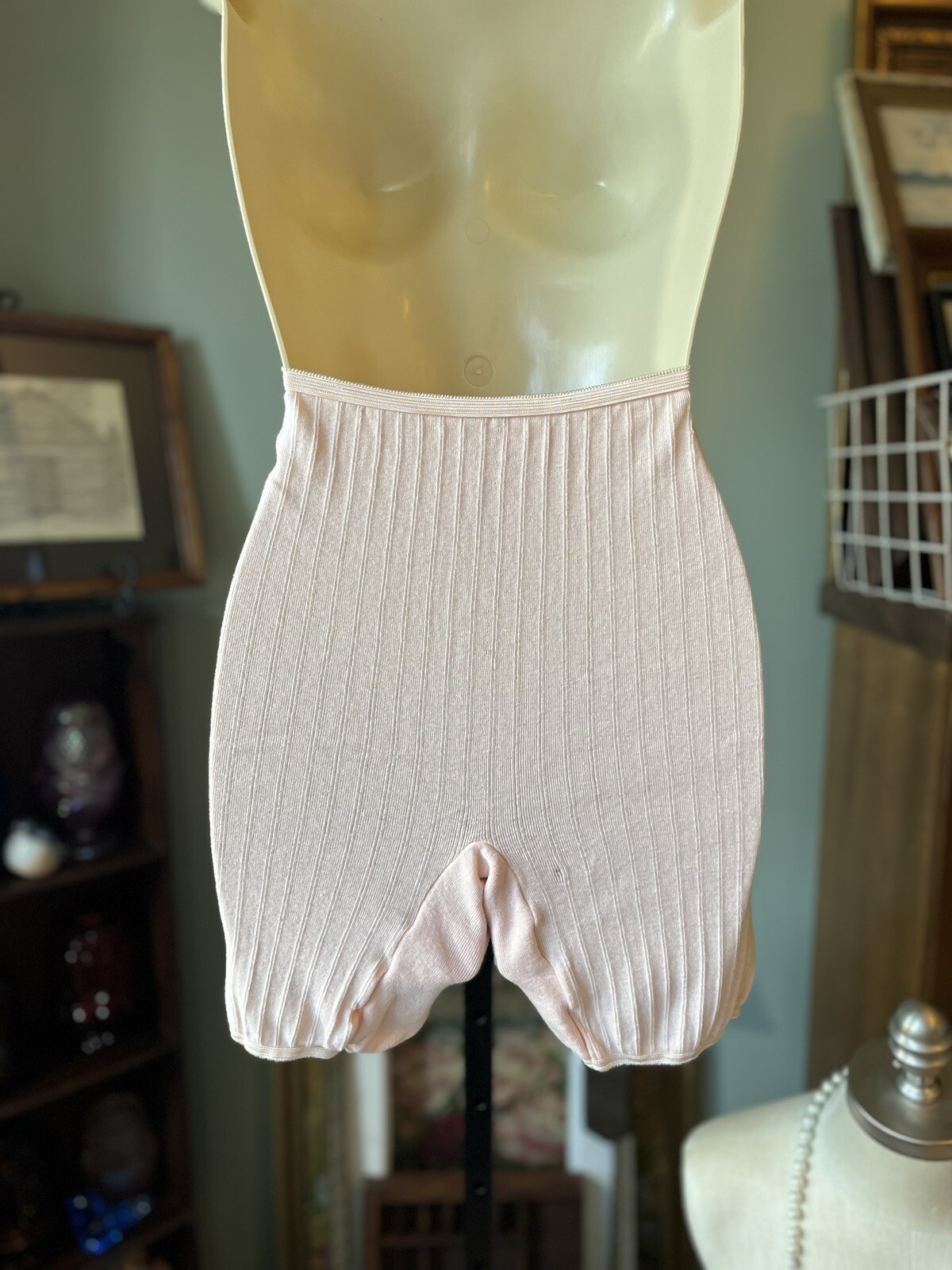 VTG 60-70s STRETCHY RIB KNIT HIGH WAISTED LONG LEG KNICKERS BLOOMERS PINK (2)
