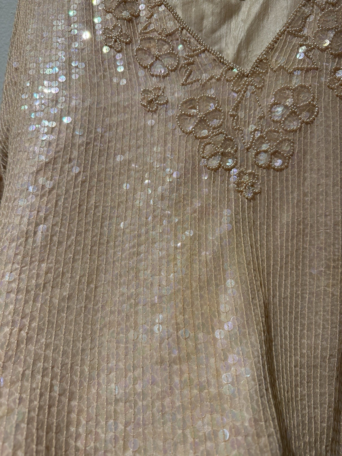 Vtg 80’s Capriccio Women’s Floral Sequin Silk Top Scalloped Art Deco
