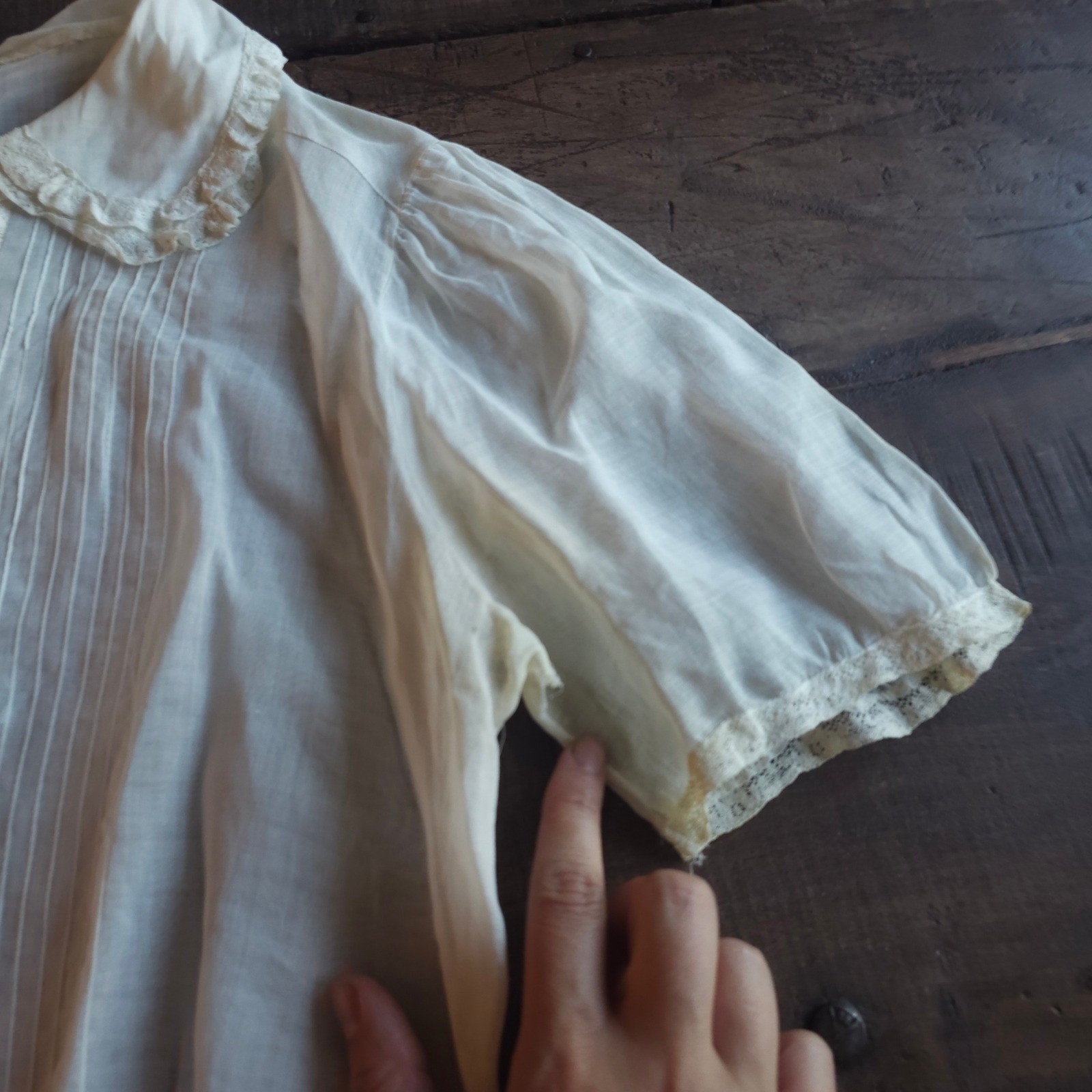Antique White Cotton Lawn Blouse Pintuck Lace Trim Edwardian Short Sleeve Top
