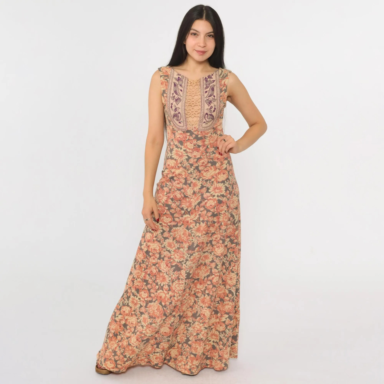 Vintage 70s Boho Maxi Dress Embroidered Bird Floral Lace Sleeveless Keyhole Plun