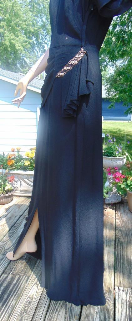 VTG 40s Ted Shore Design Black Crepe Draped & Studded Cocktail Dress 28W