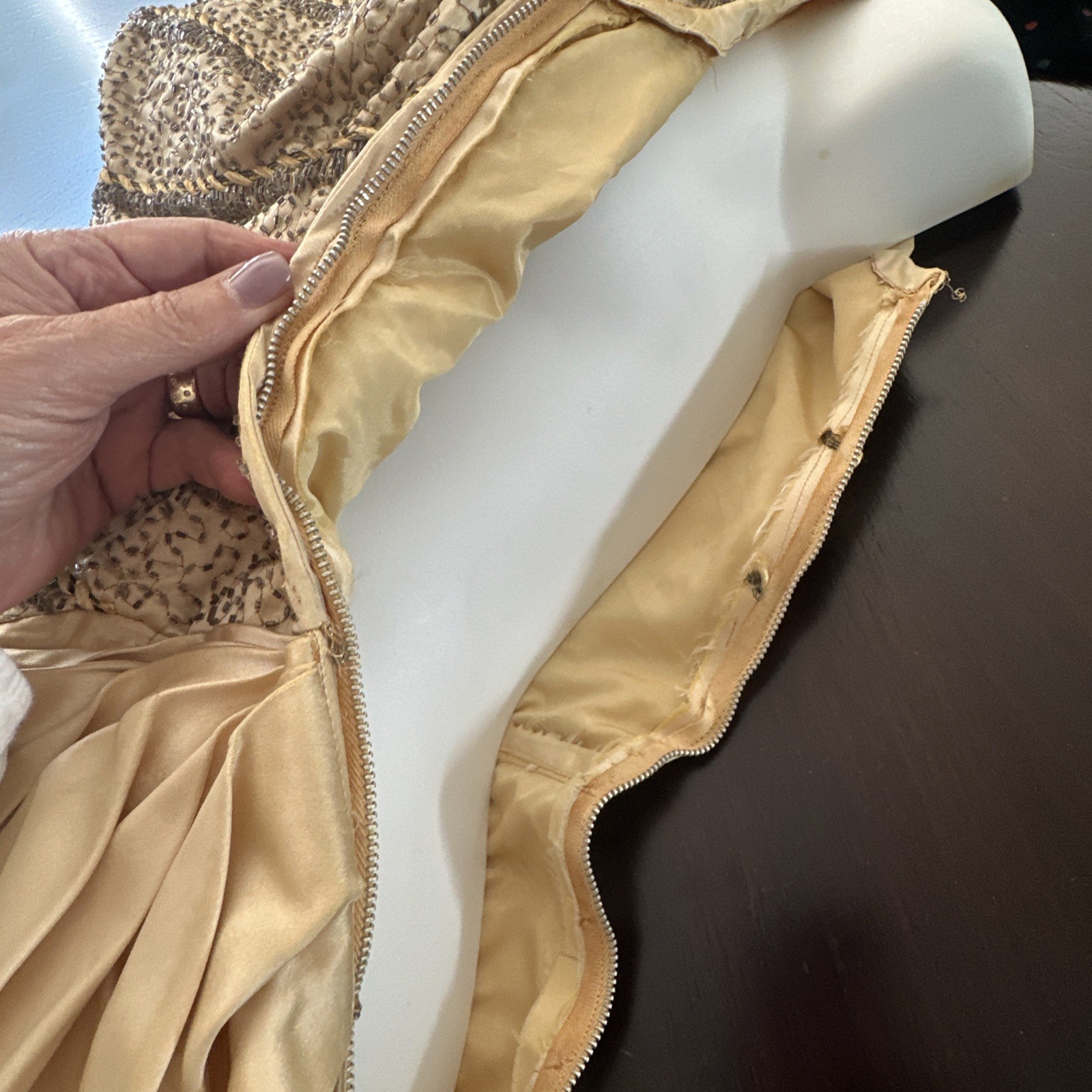 Ceil Chapman 50s Patented Champagne Gold Satin & Beaded Bustier Sarong Gown XS