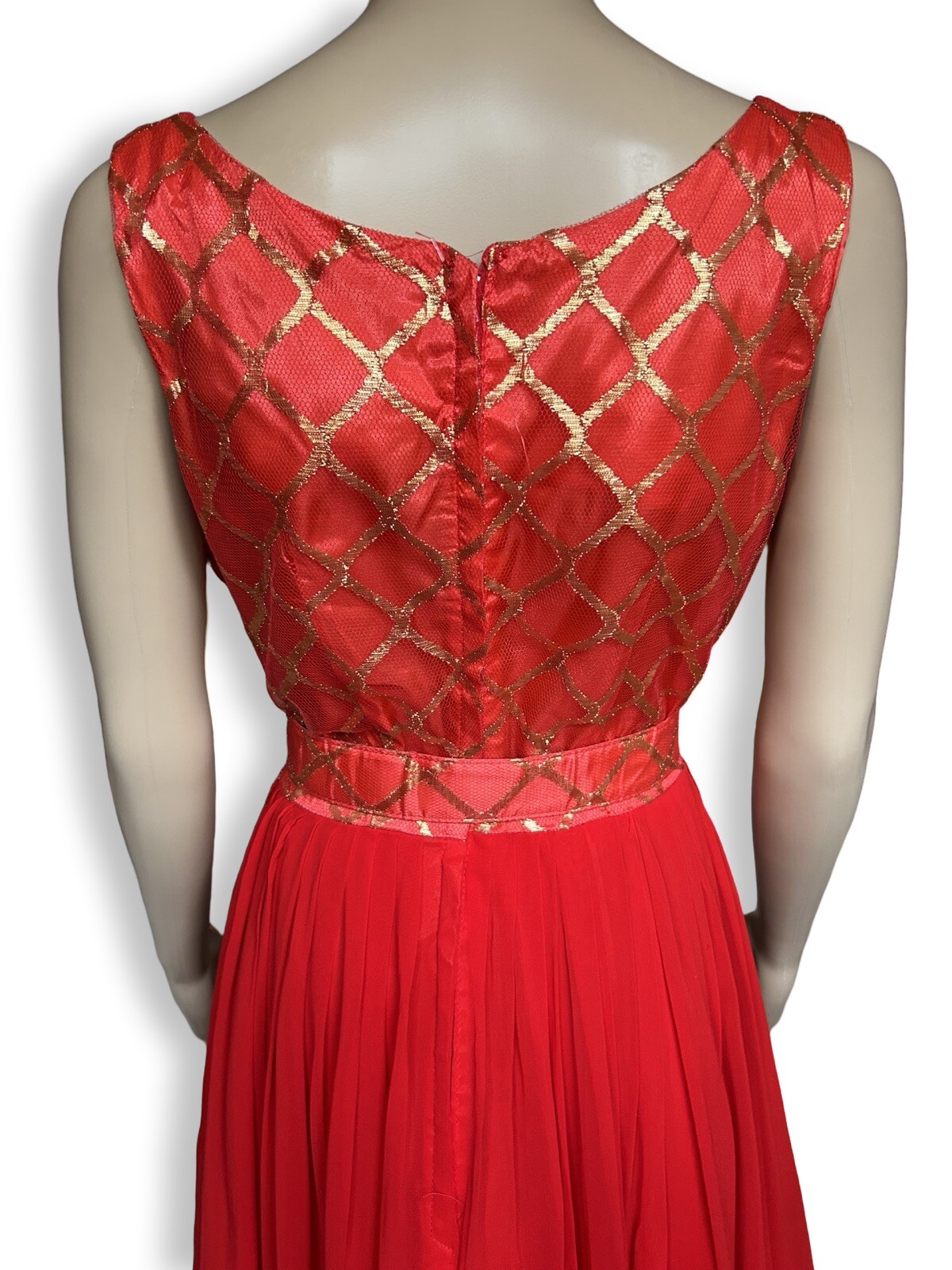 Vintage 1950s Gold Metallic Geometric Red Silk Chiffon Party Dress Holiday Xmas