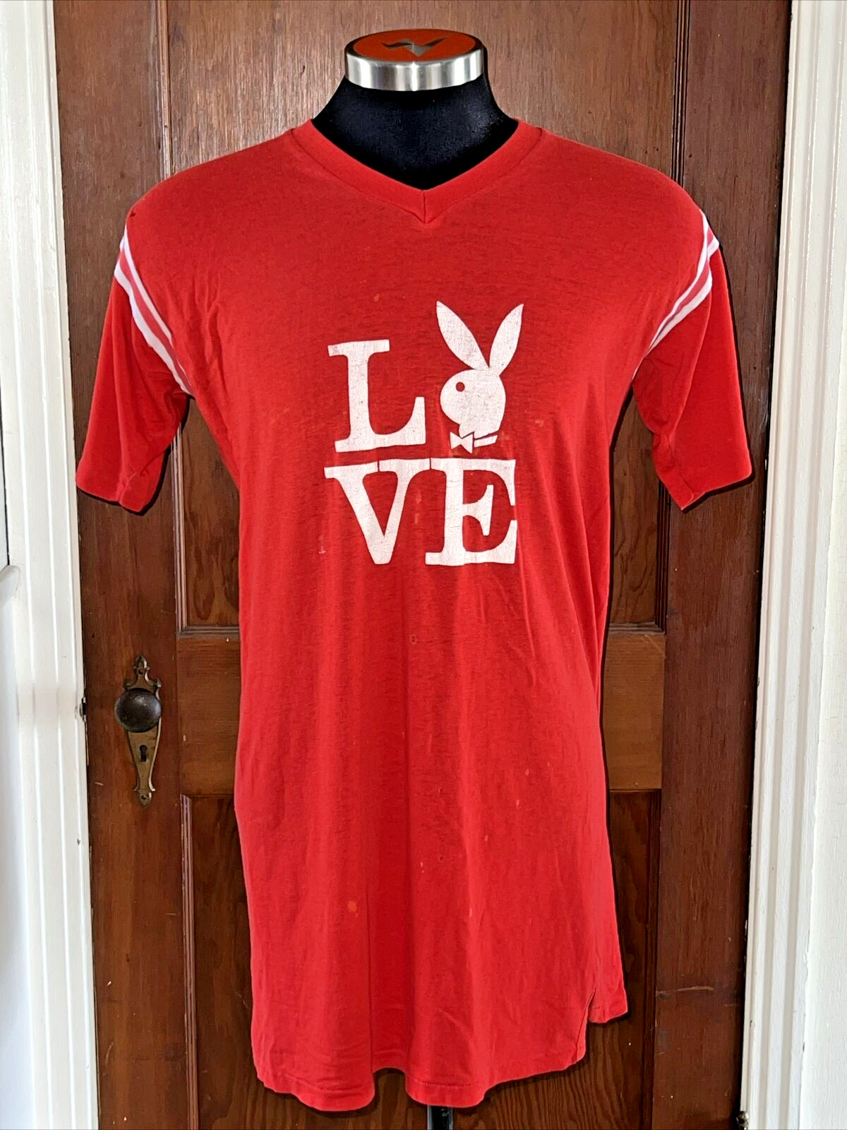 Vintage 80s LOVE Playboy Bunny Womens Sleep Shirt Red Diplomat Indiana V-Neck
