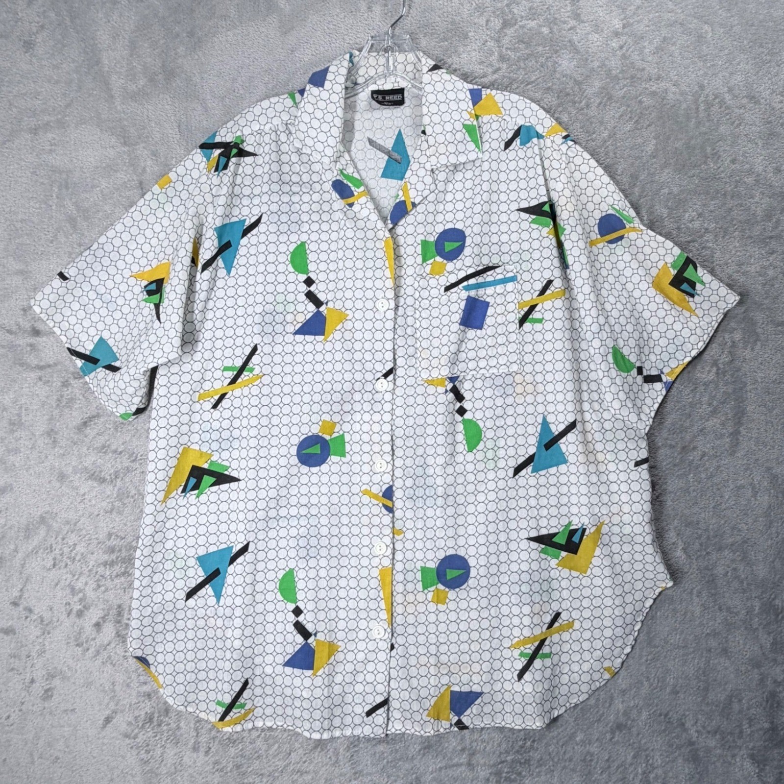 T.S. Reed Button Up Shirt Women 15/16 White Memphis Design Geometric Retro 80s