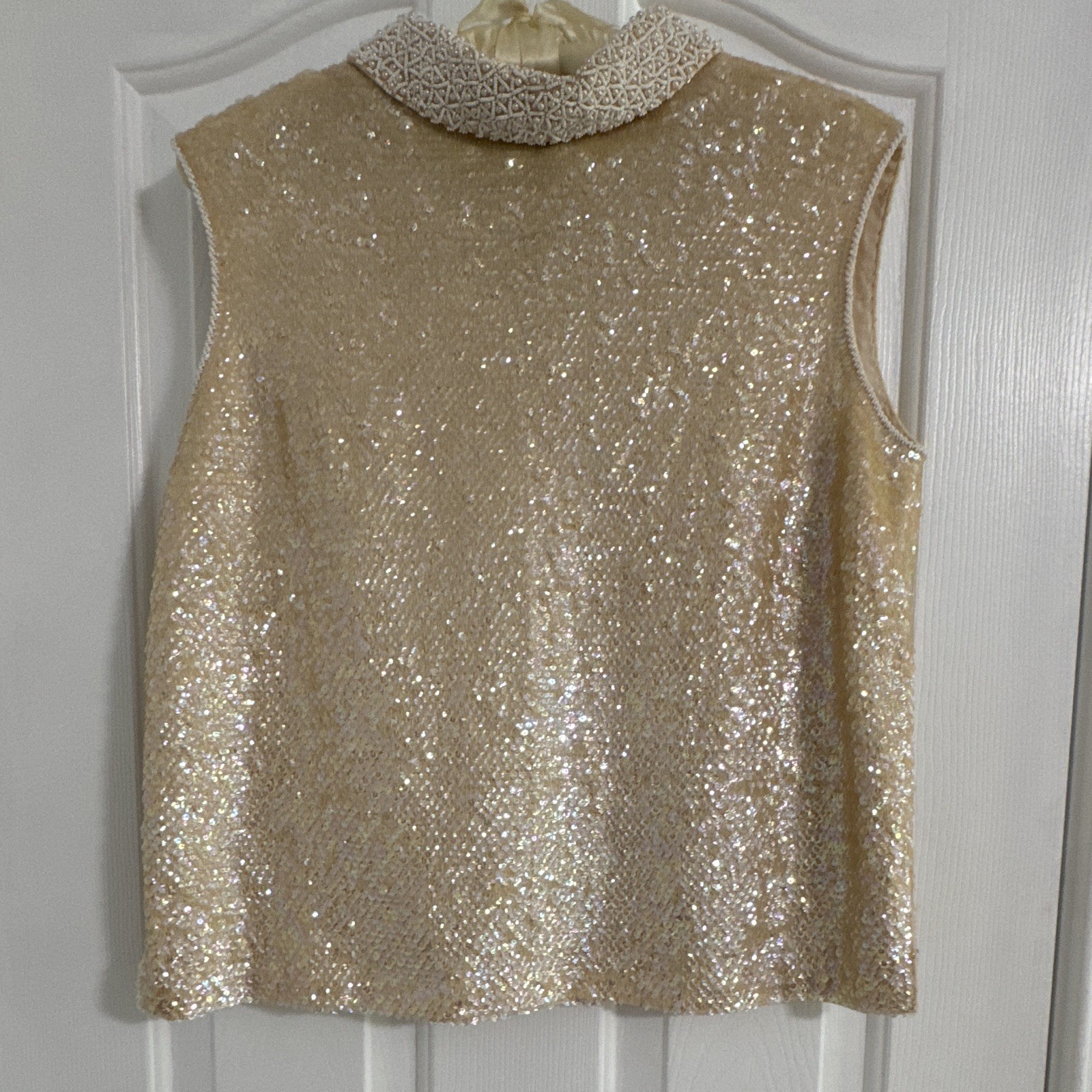 Vintage Ivory Iridescent Sequin Beaded Sleeveless Top Pearl Collar Glam Blouse