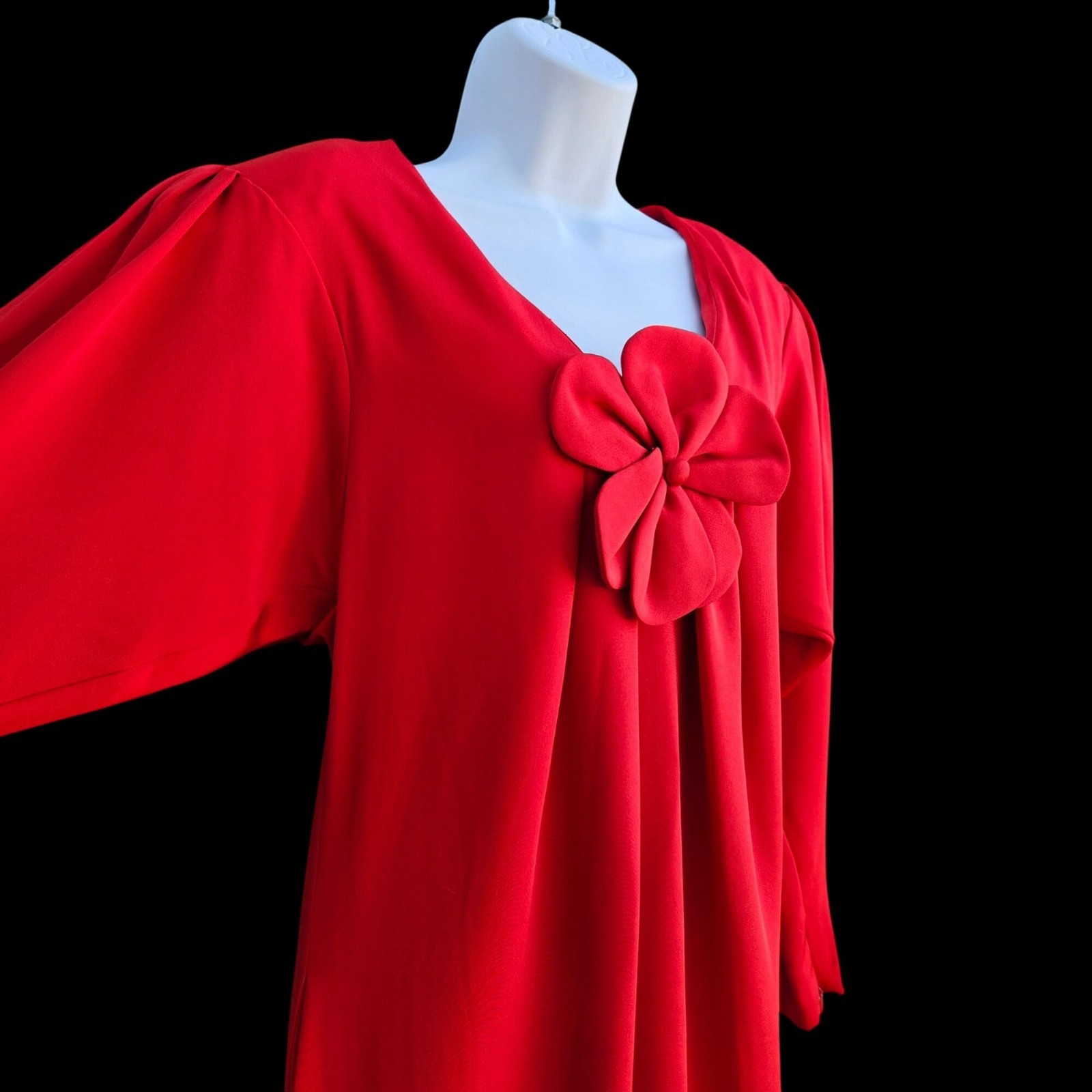 Vintage Stanley Platos Red Couture Silk Dress Pockets Flower Detail Size 10