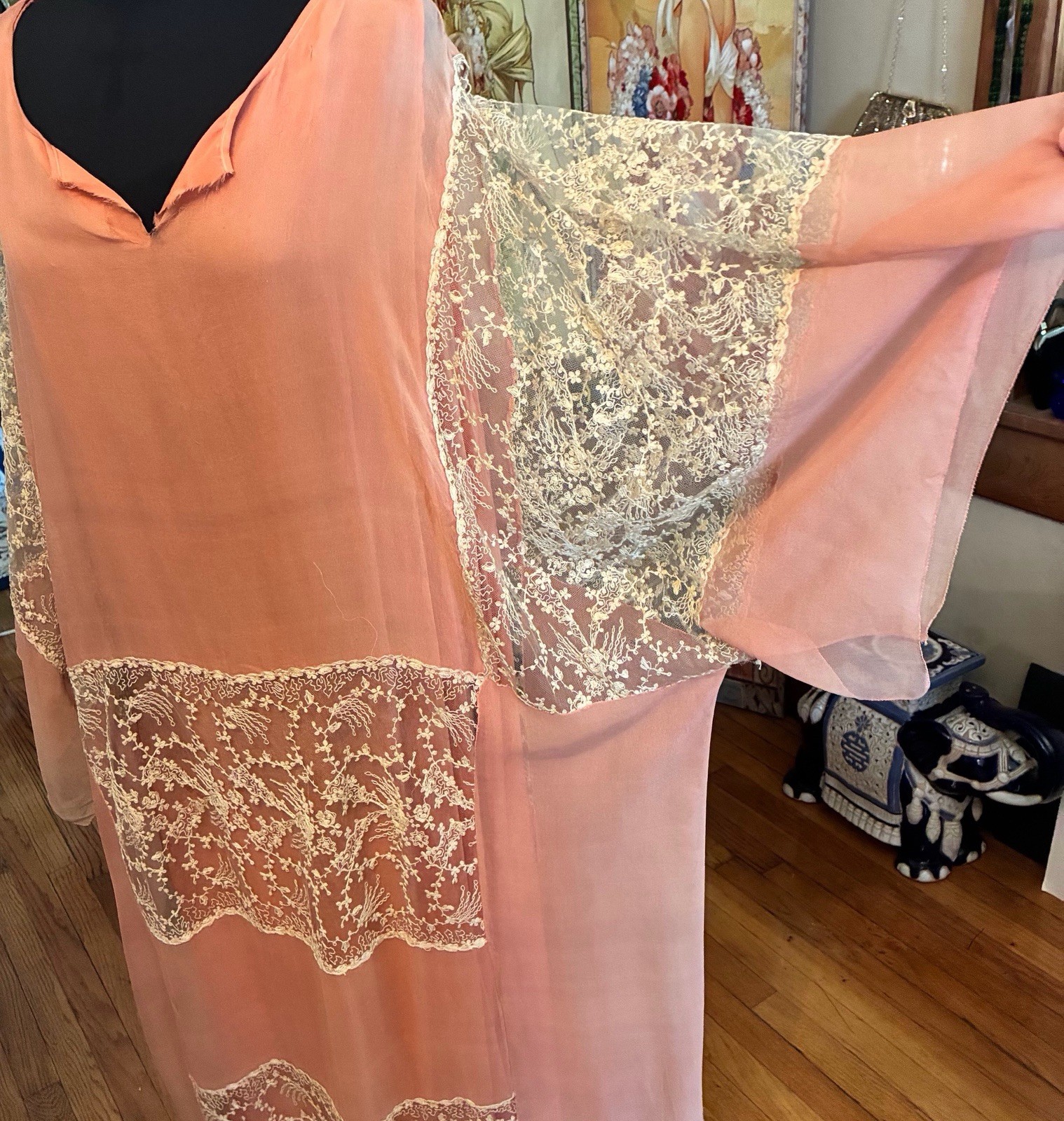 Antique 1920S Pink Silk Chiffon Kafton Brussels Tambour Cabbage Roses Lace
