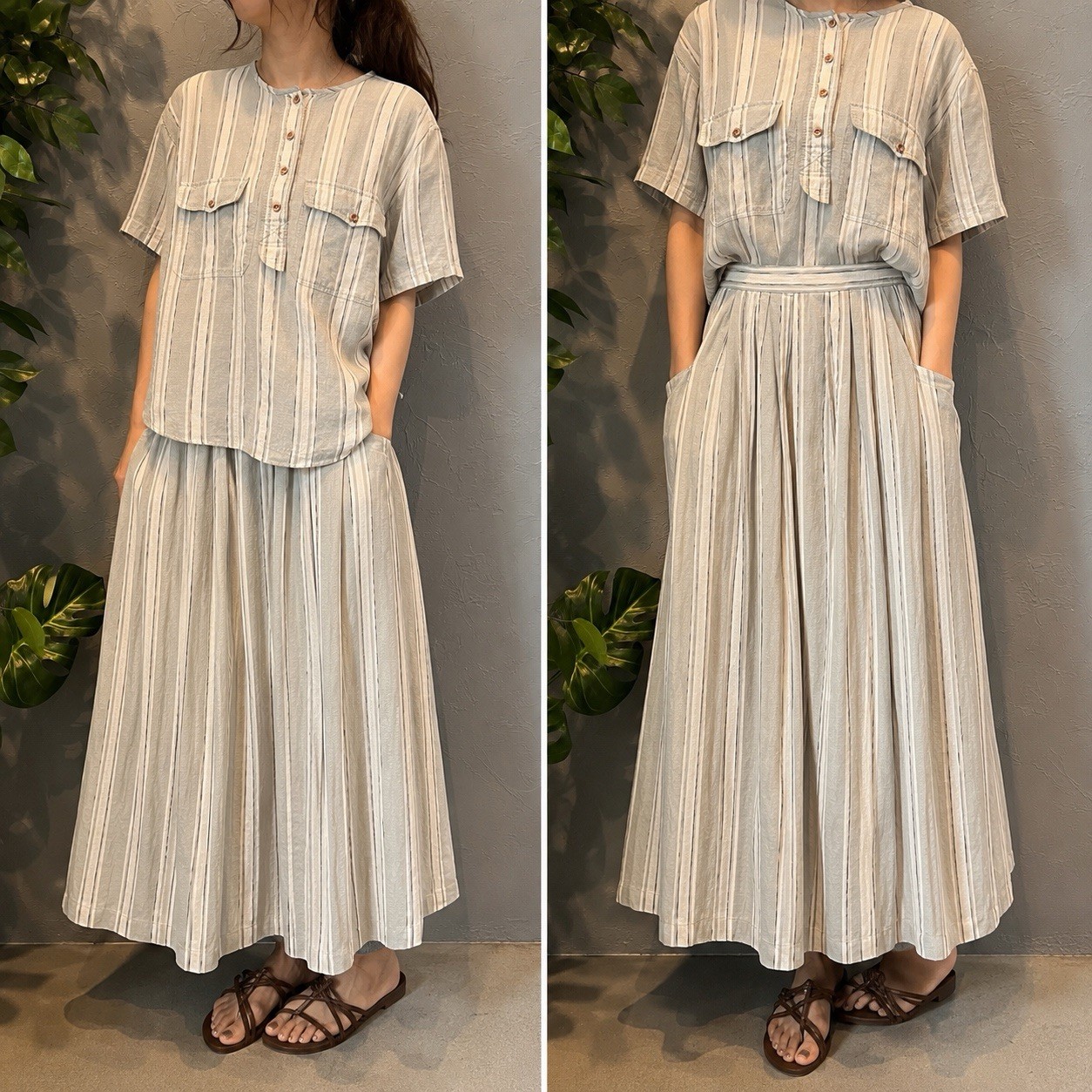 Vtg 80s 90s Liz Sport Striped Cottagecore Two Piece Set Skirt and Popover Blouse