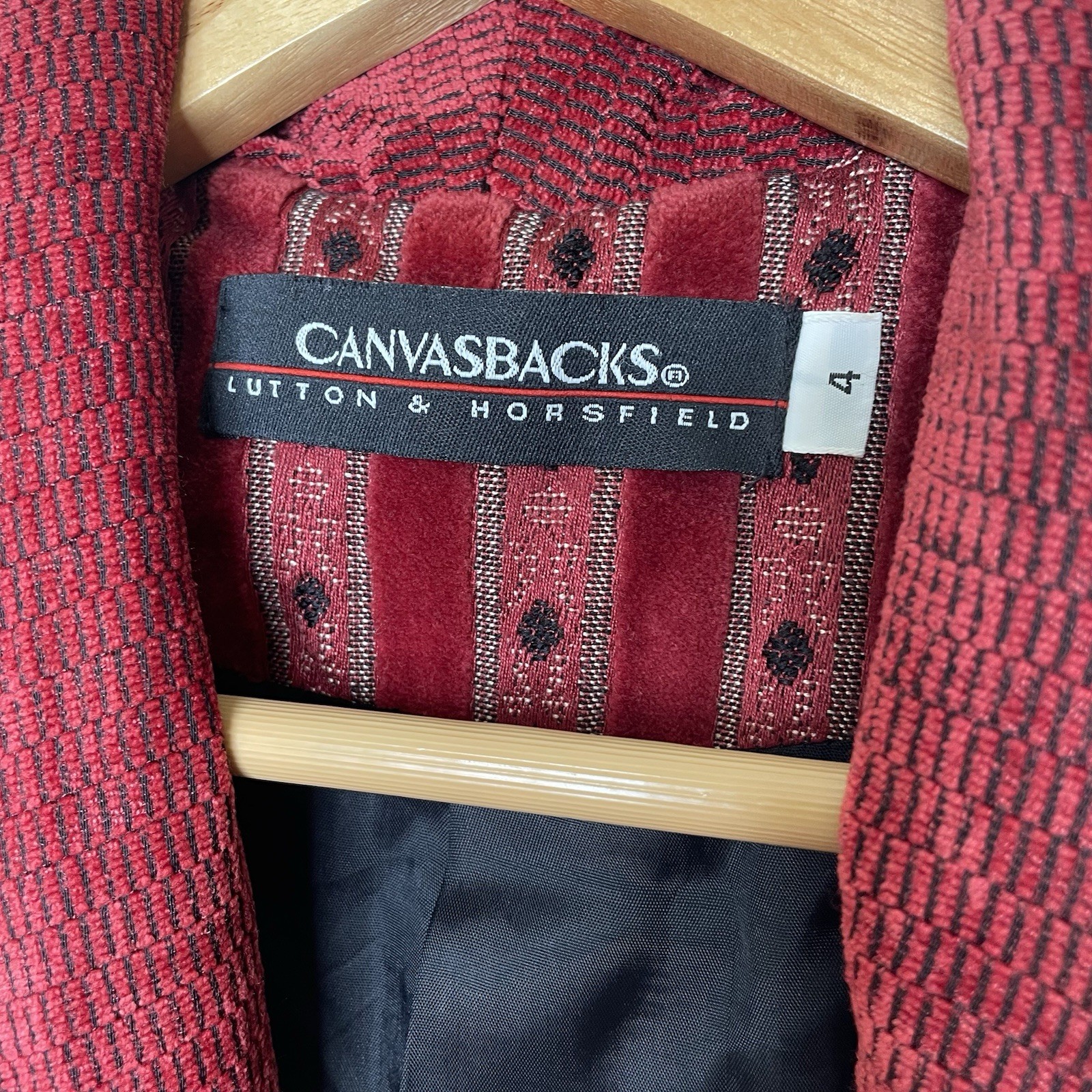 Vintage Canvasbacks Lutton & Horsfeld Burgundy Velvet Stripe Jacquard Blazer 4