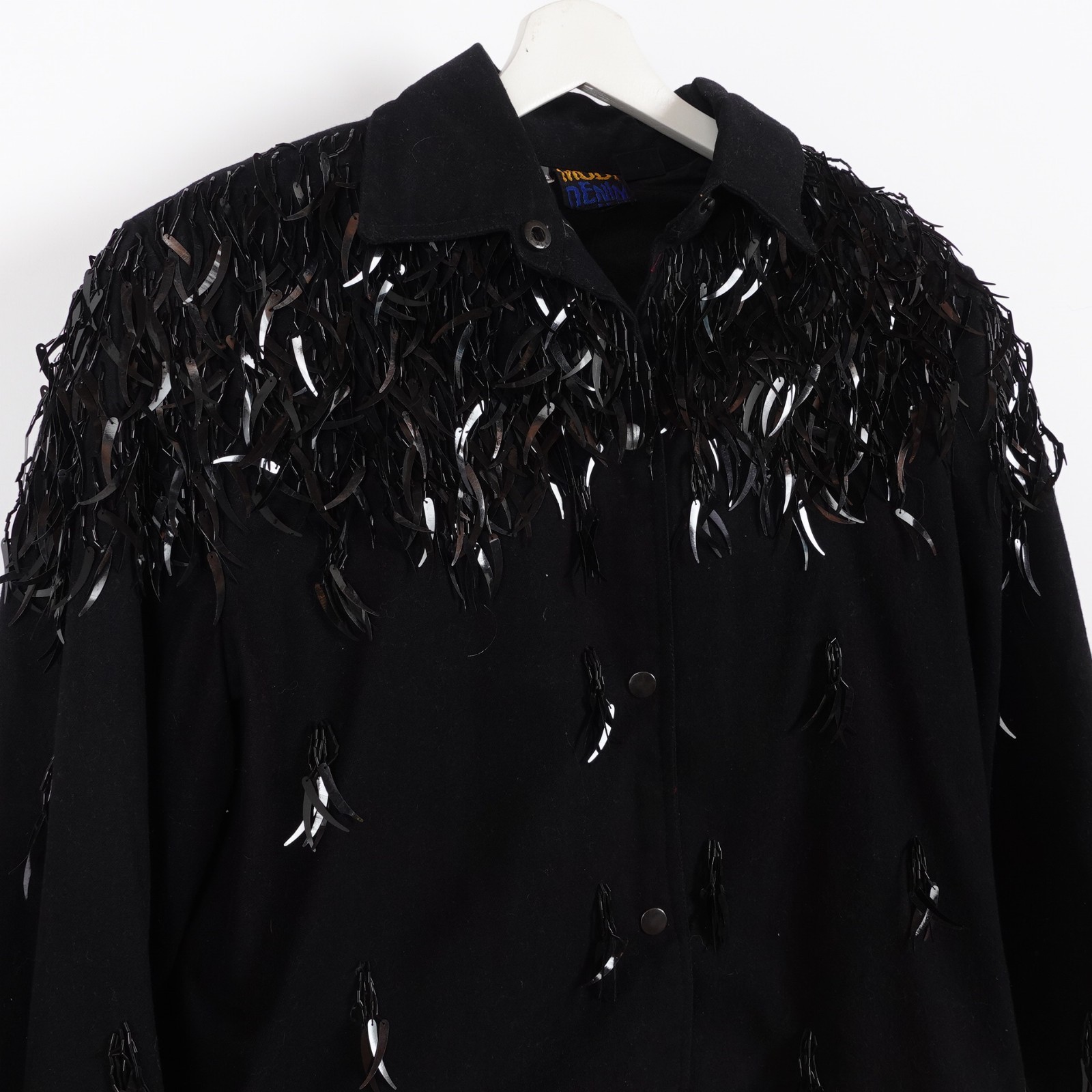 Vintage Modi Denim Feather Sequin Jacket Women Size Large Black Beaded Fringe