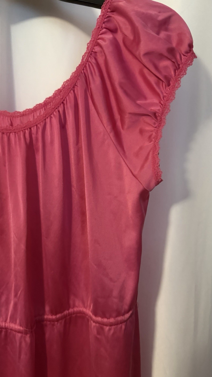 Vintage Shadowline Women’s Long Pink Nylon Nightgown Size S Short Cap Sleeve