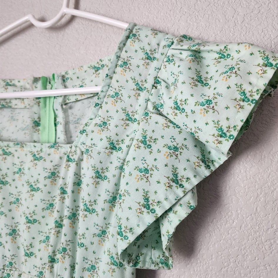 VINTAGE Handmade Ditsy Floral Dress Mint Green Romantic Prairie Maxi Dress