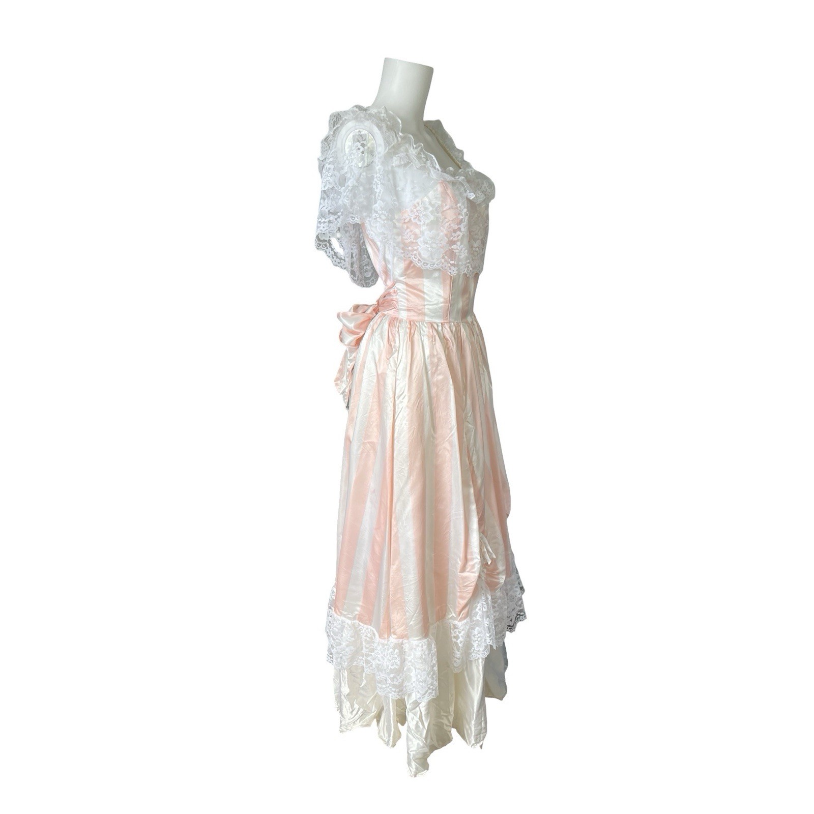 Vintage Precious Moments Prom Dress Ball Gown Peach Ivory Stripe Lace Cupcake