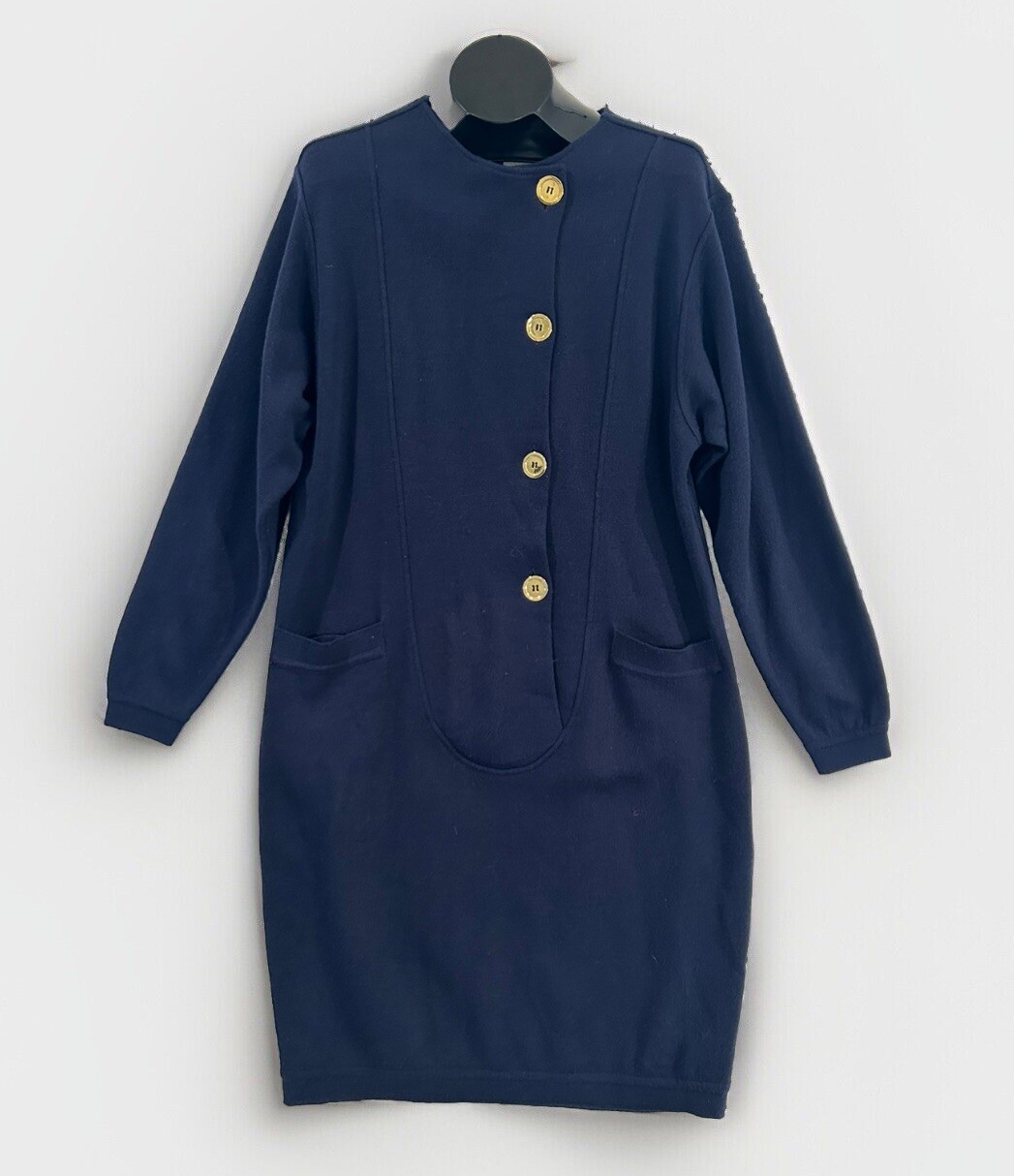 Vintage Daytons Oval Room Knit Sweater Dress Gold Buttons Sz S Navy Blue Career