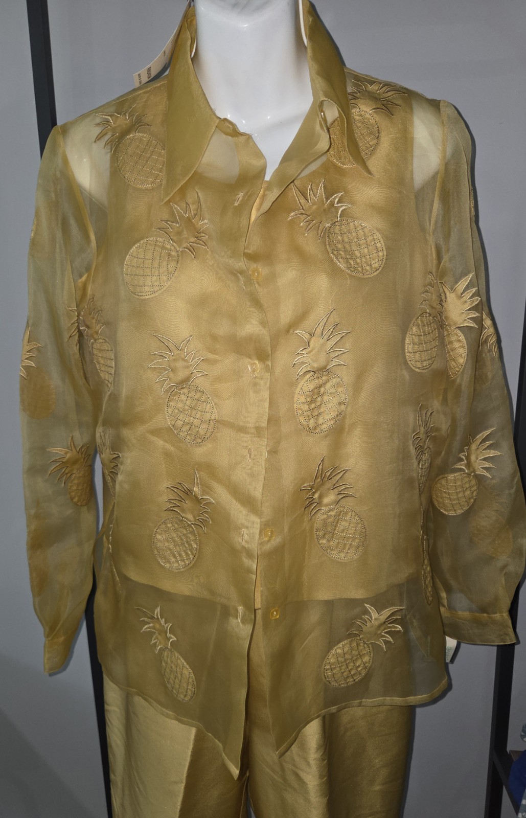 Vintage sz 8 Poetic Petite Gold Silk Outfit Sheer Pineapple Blouse Shell Pants