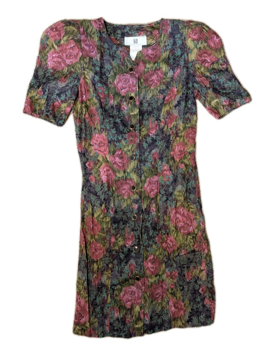 Vintage 80s Floral Button Down Dress W/ Puff Sleeves And Bow On Back Size 2