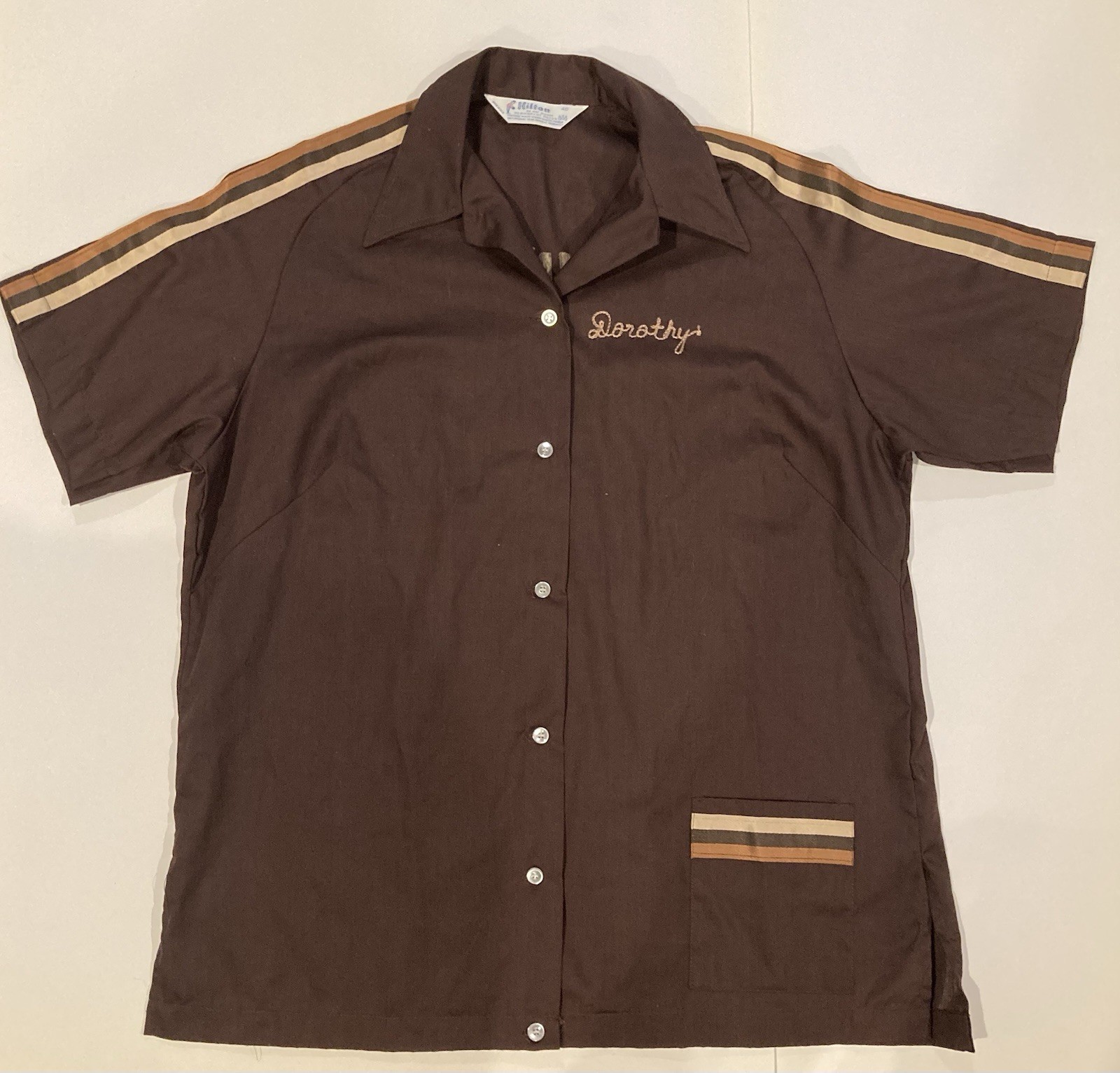 Vintage 1970s bowling shirt brown w stripes Dorothy B 46