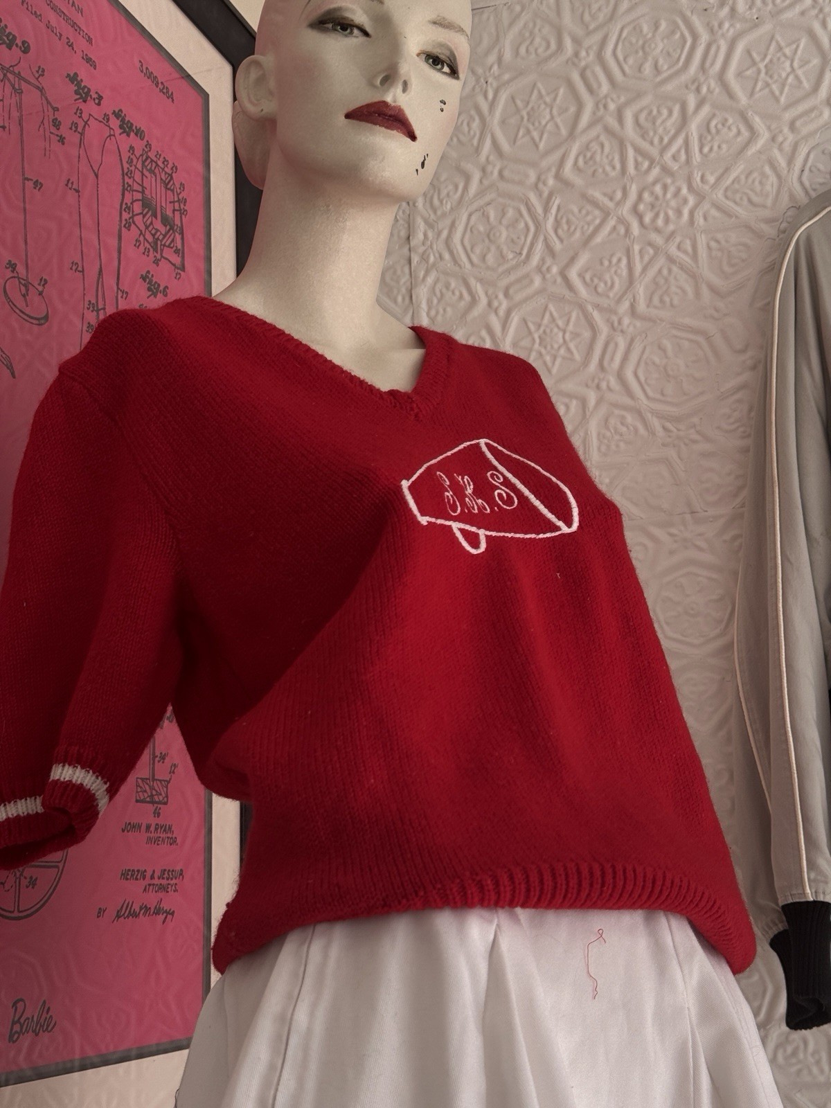 Vintage Cheerleading Sweater-1980s-Varsity-Red-Cheer-Team-coquette-Small/Medium
