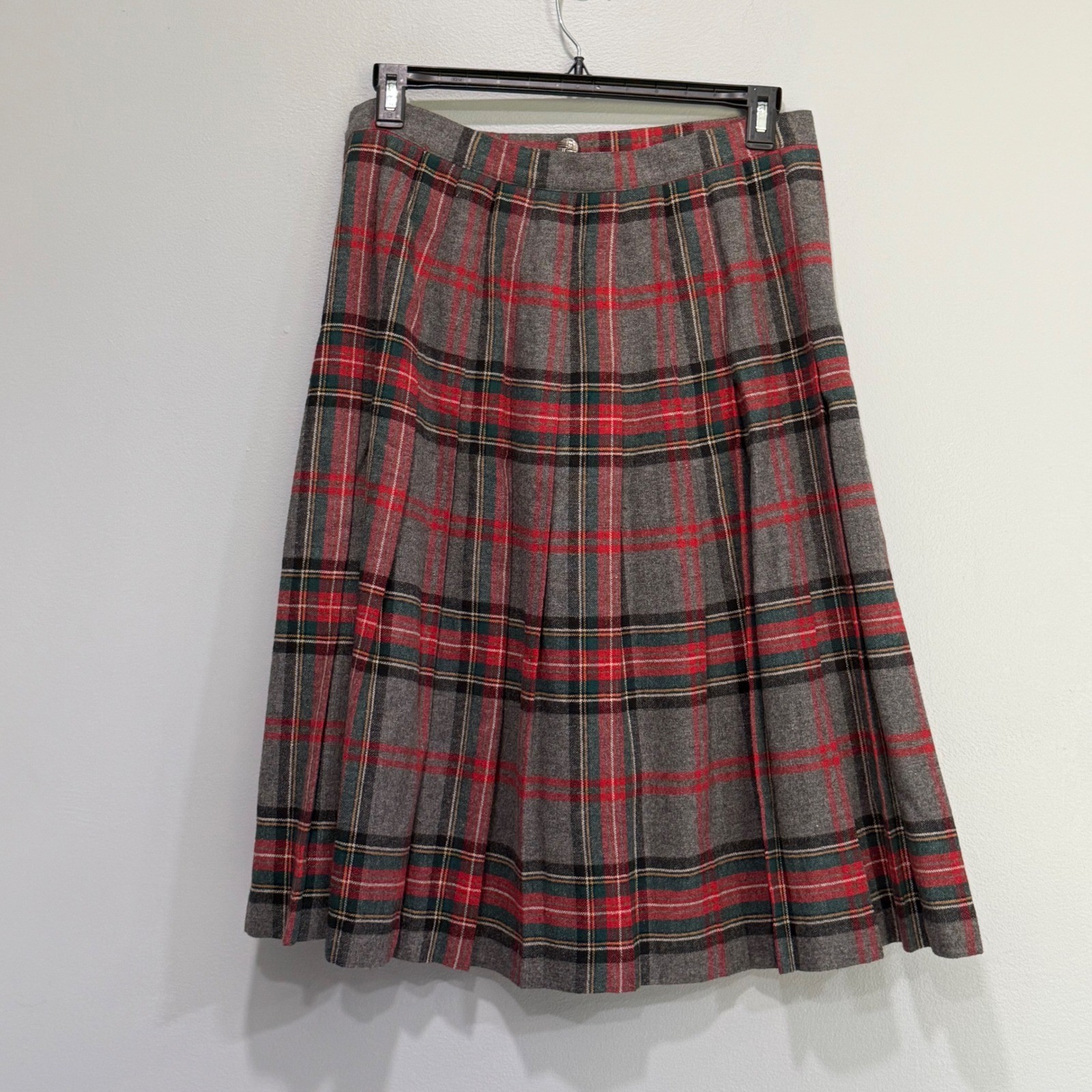 Vintage dark academia Plaid Kilt Skirt Grey Red Green Pleated Wrap Midi Womens